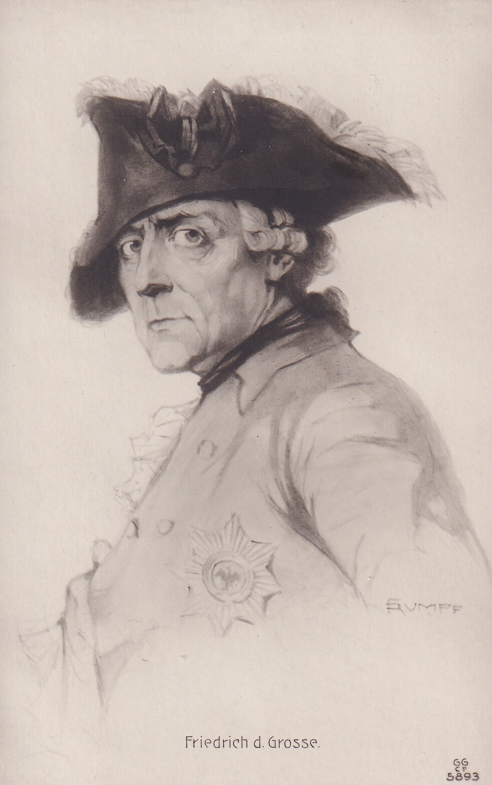 Bildpostkarte mit Reproduktion eines grafischen Porträts König Friedrichs II. von Preußen (1712-1786) von Fritz Rumpf (1888-1949), um 1920 (Schloß Wernigerode GmbH RR-F)