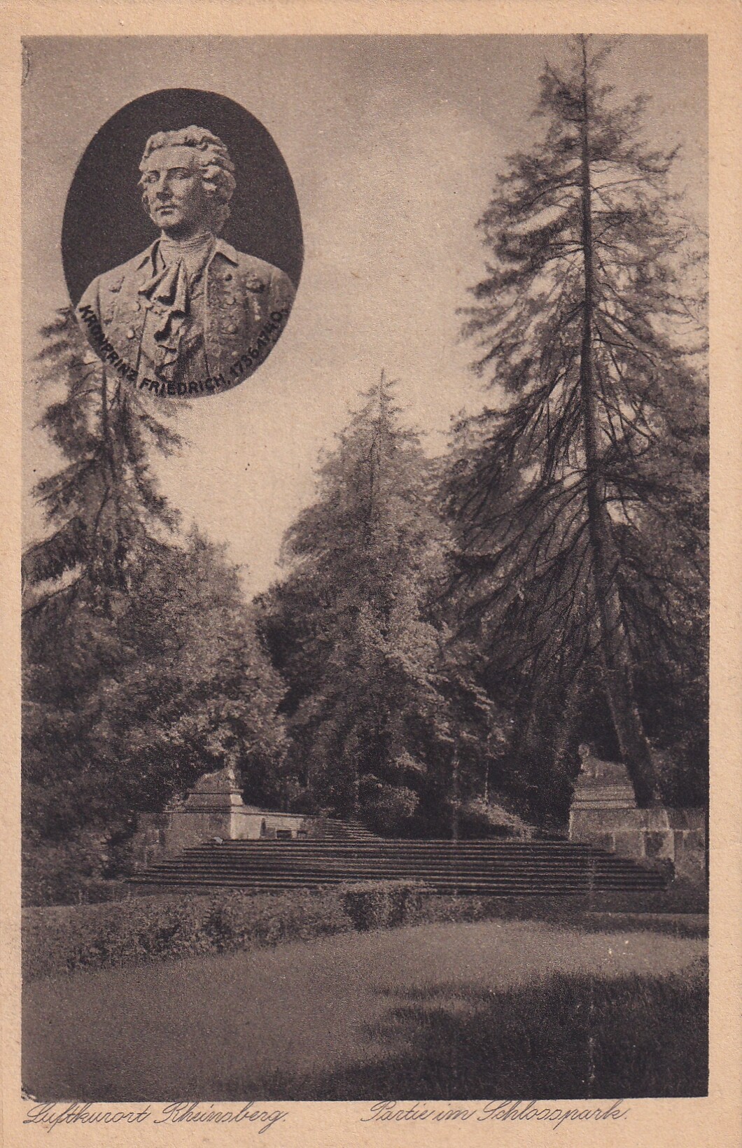 Bildpostkarte mit fotografischer Ansicht einer Partie aus dem Schlosspark in Rheinsberg (Brandenburg), um 1920 (Schloß Wernigerode GmbH RR-F)