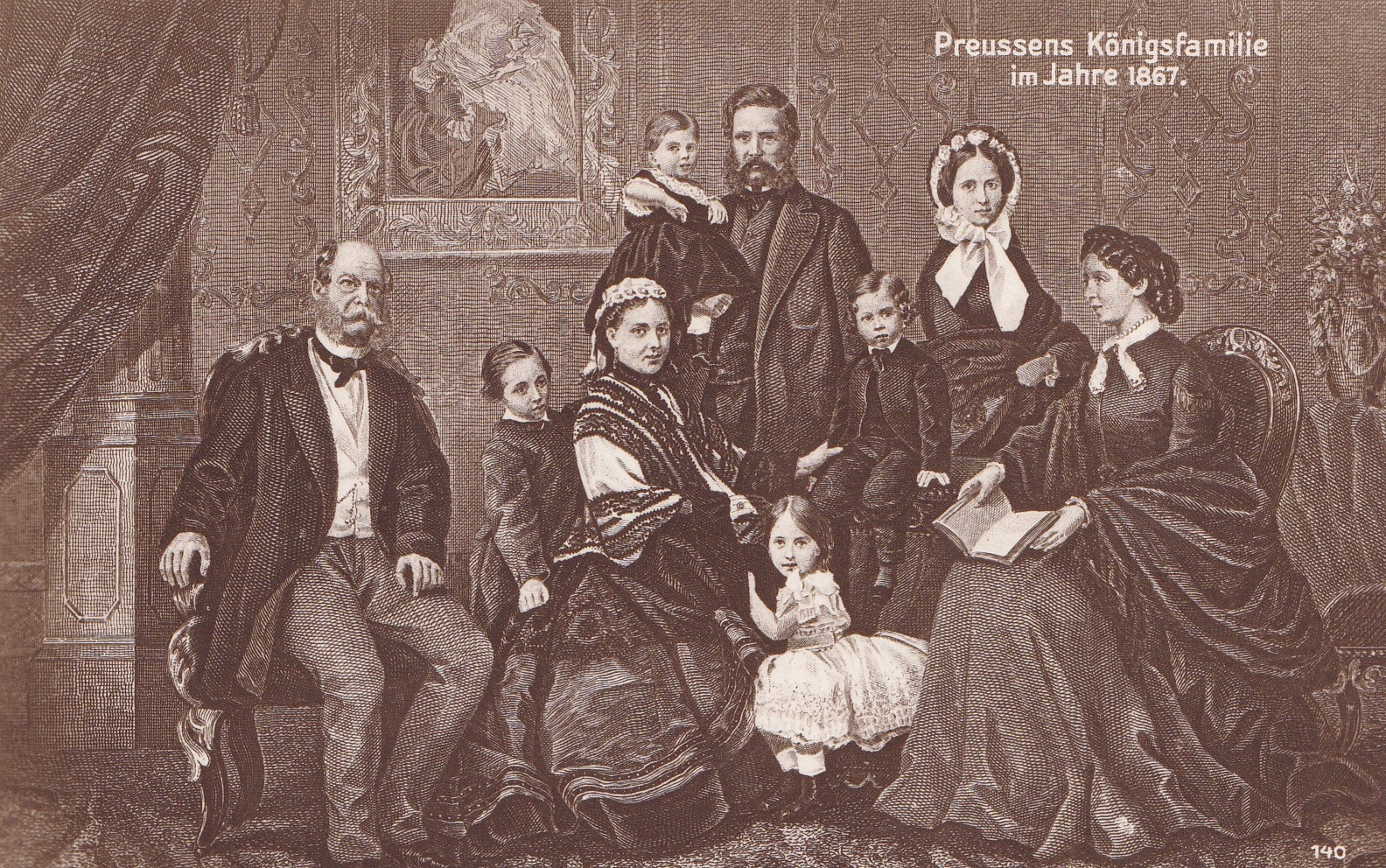 Bildpostkarte mit grafischem Gruppenbildnis der preußischen Königsfamilie im Jahr 1867, um 1910 (Schloß Wernigerode GmbH RR-F)