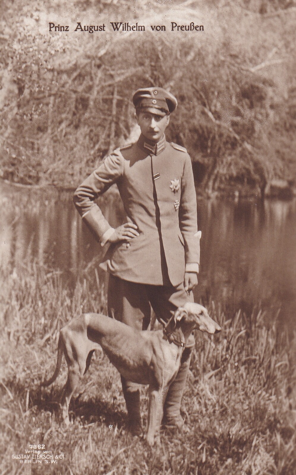 Bildpostkarte mit Foto des Prinzen August Wilhelm von Preußen mit Windhund, 1916 (Schloß Wernigerode GmbH RR-F)