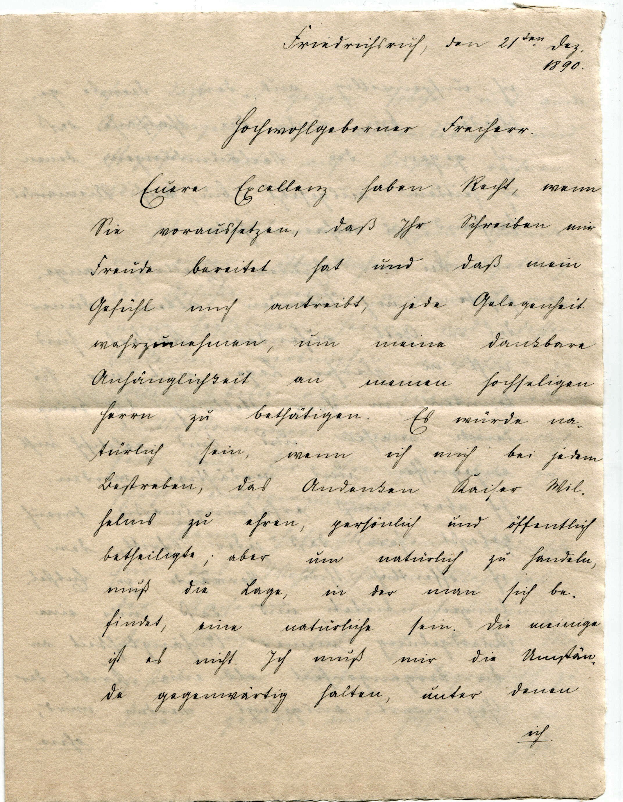 Brief von Otto von Bismarck an den Oberhofmarschall der Kaiserin Augusta, Ernst von Mirbach, vom 21. Dezember 1890 (Schloß Wernigerode GmbH RR-F)