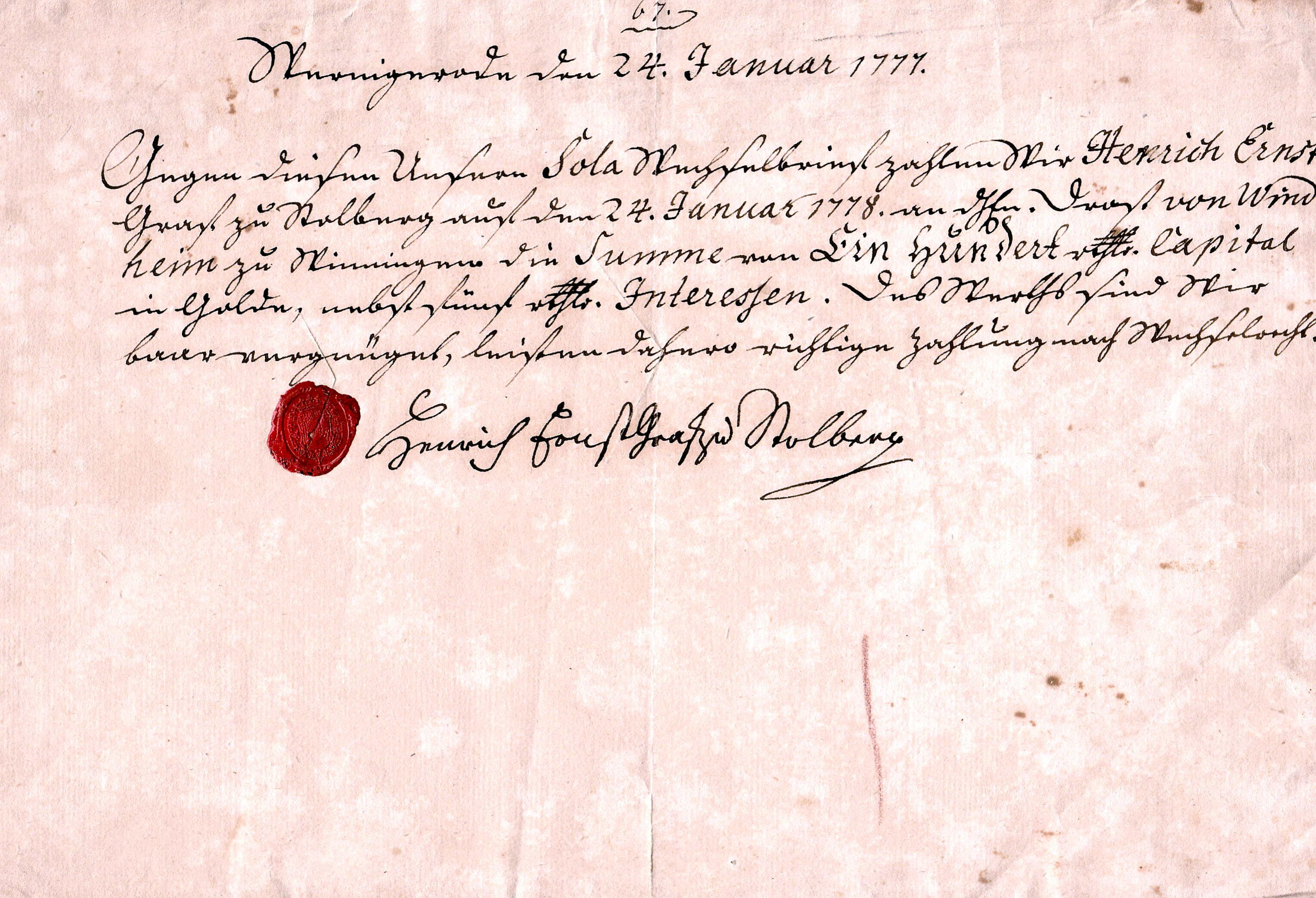 Zahlungsquittung Heinrich Ernsts Graf zu Stolberg-Wernigerode, Wernigerode, 24. Januar 1777 (Schloß Wernigerode GmbH RR-F)