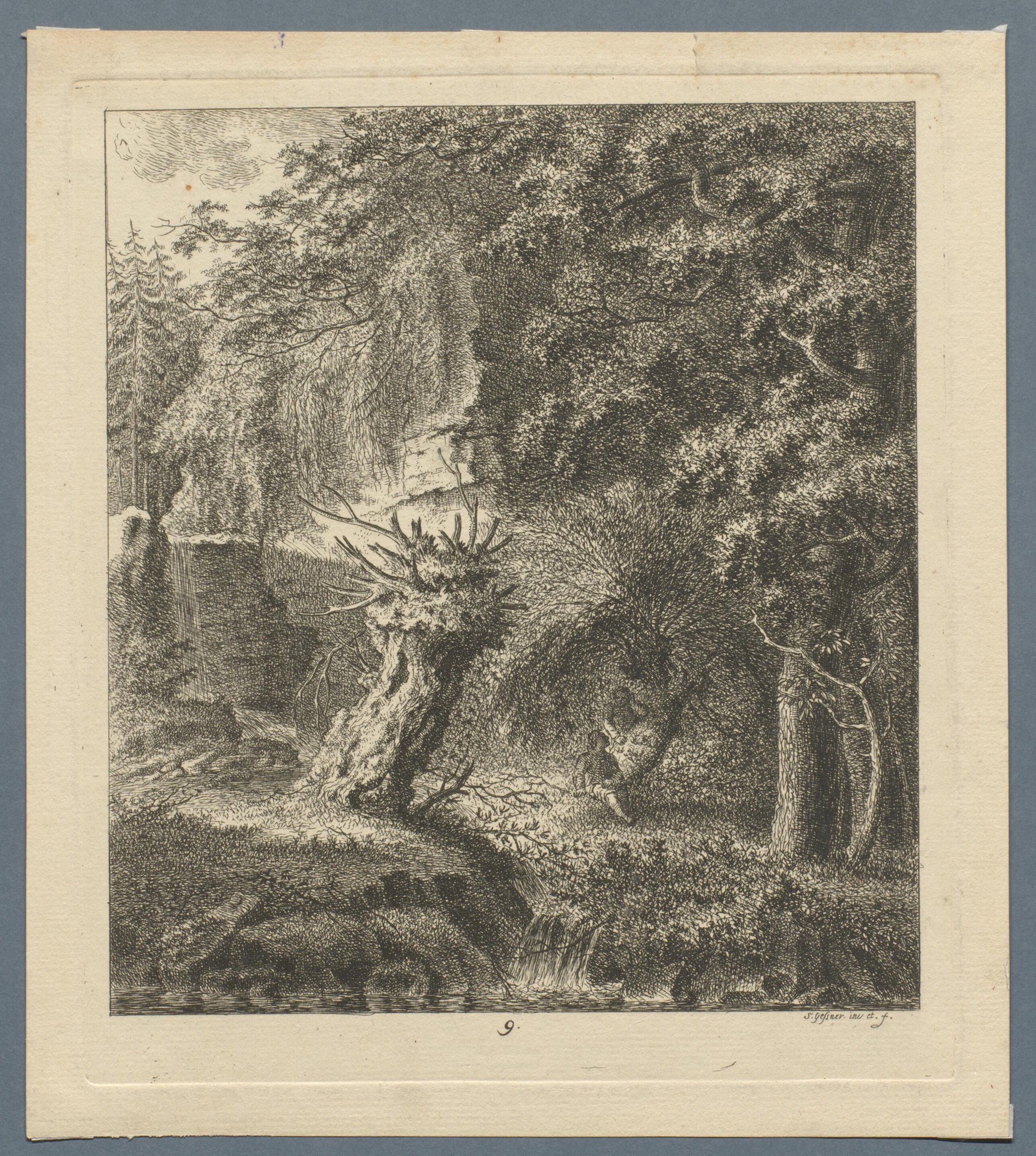 Felsige Baumlandschaft mit zwei Männern am Weidbaum beim Bache (Gleimhaus CC BY-NC-SA)