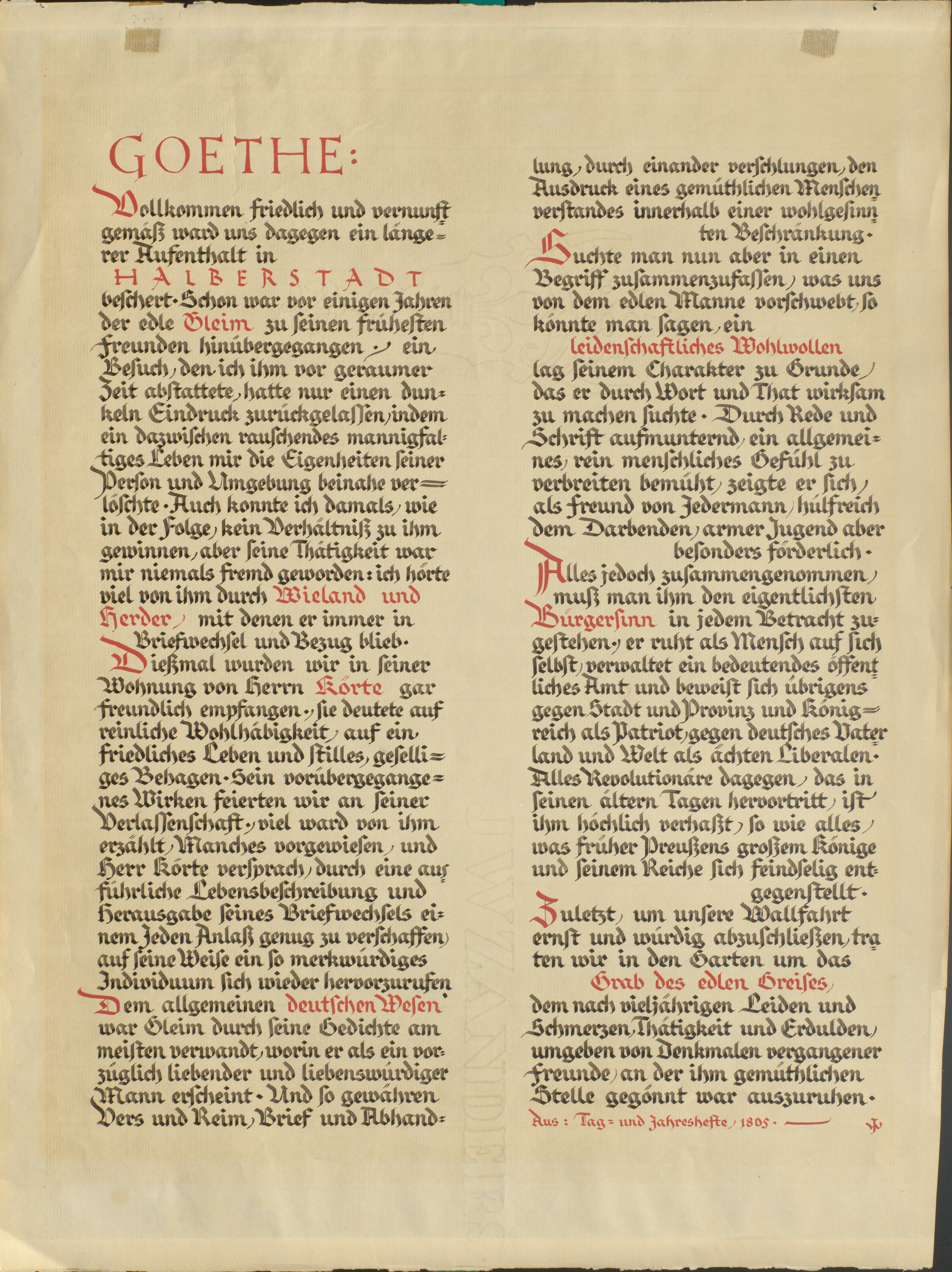 Schriftblatt: Gleim-Passage aus Goethes Tag- und Jahresheften (Gleimhaus CC BY-NC-SA)