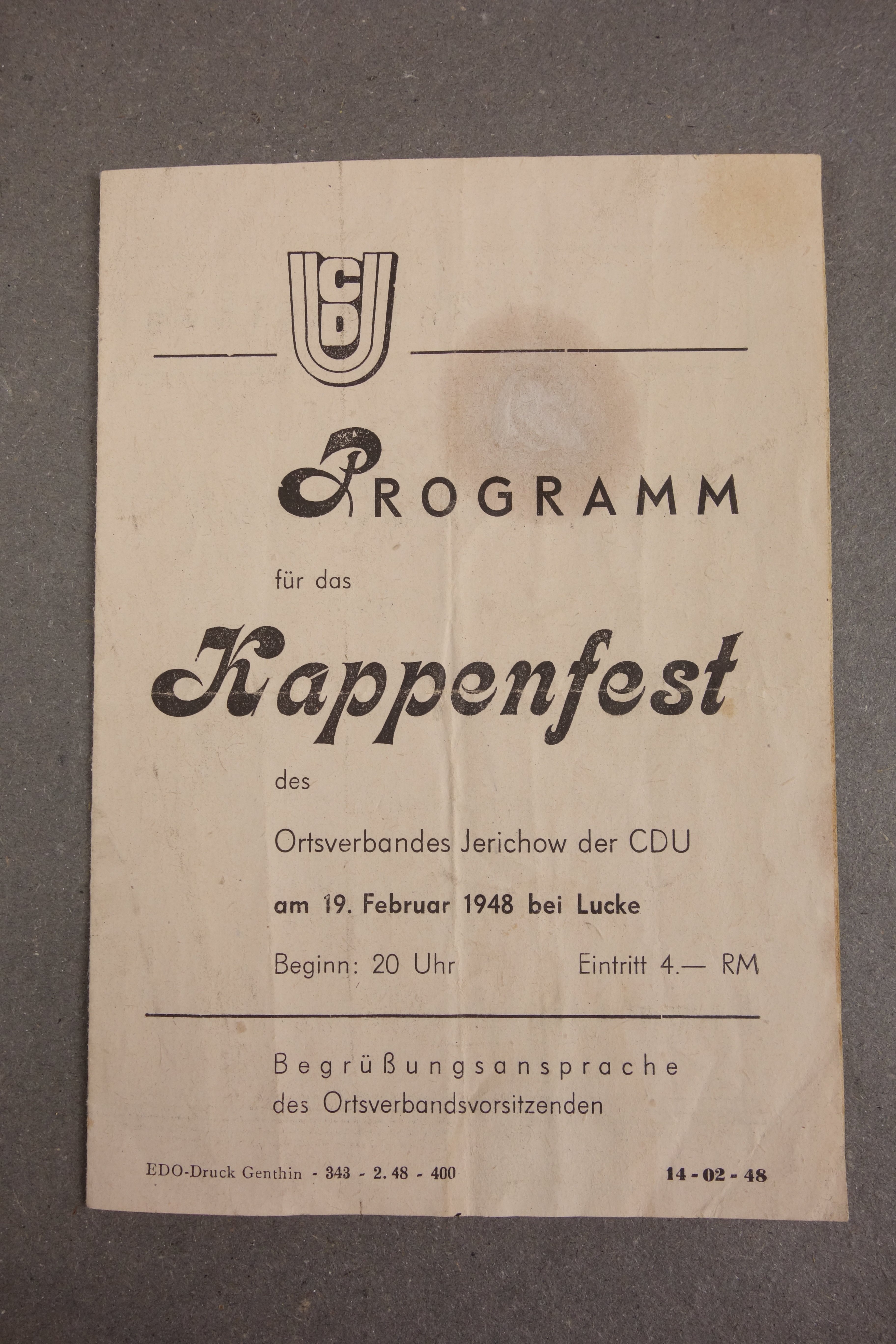 Programmzettel für Kappenfest der CDU 1948 (Förder- und Heimatverein Stadt und Kloster Jerichow e.V. CC BY-NC-SA)