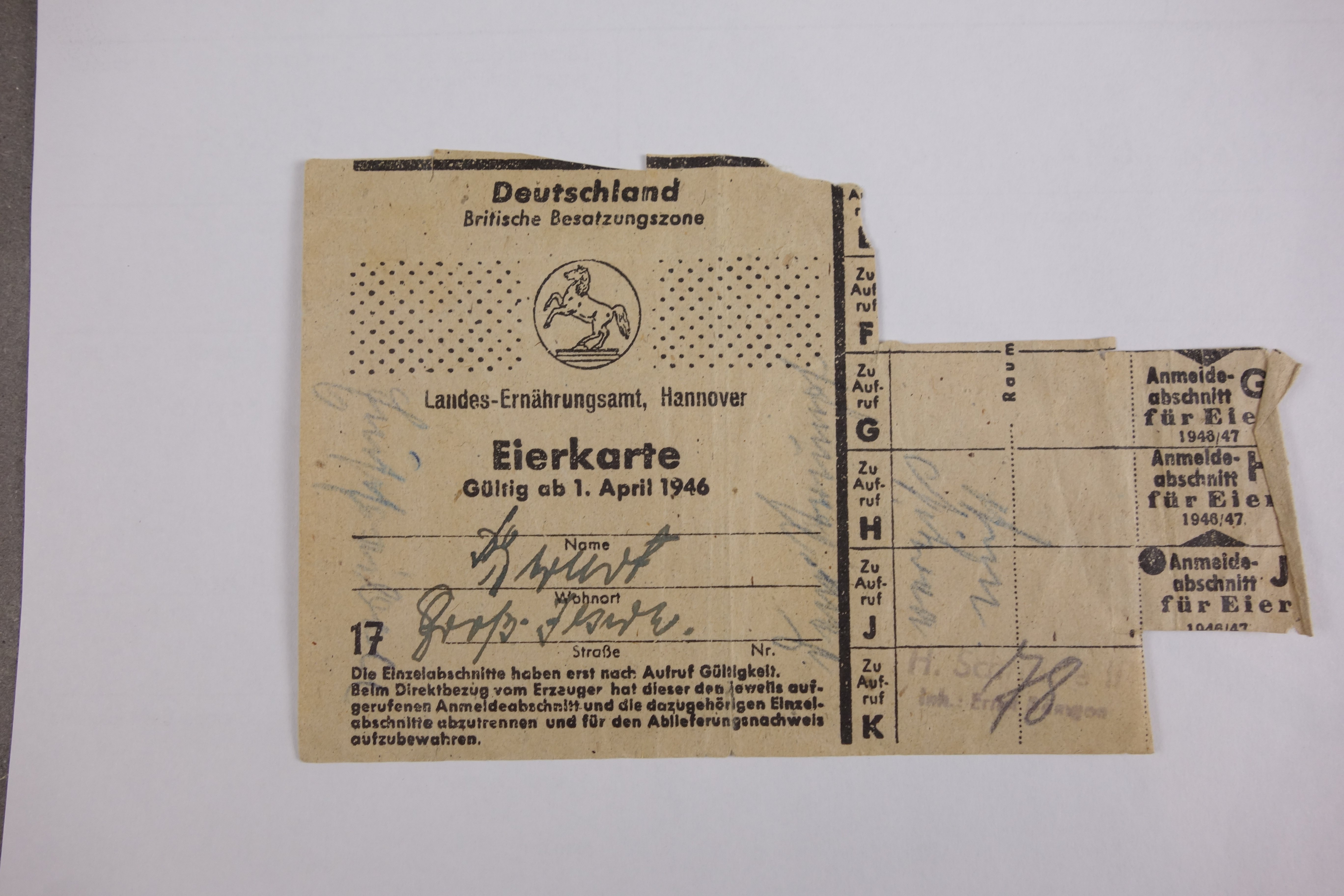 Eierkarte 1946 (Förder- und Heimatverein Stadt und Kloster Jerichow e.V. CC BY-NC-SA)