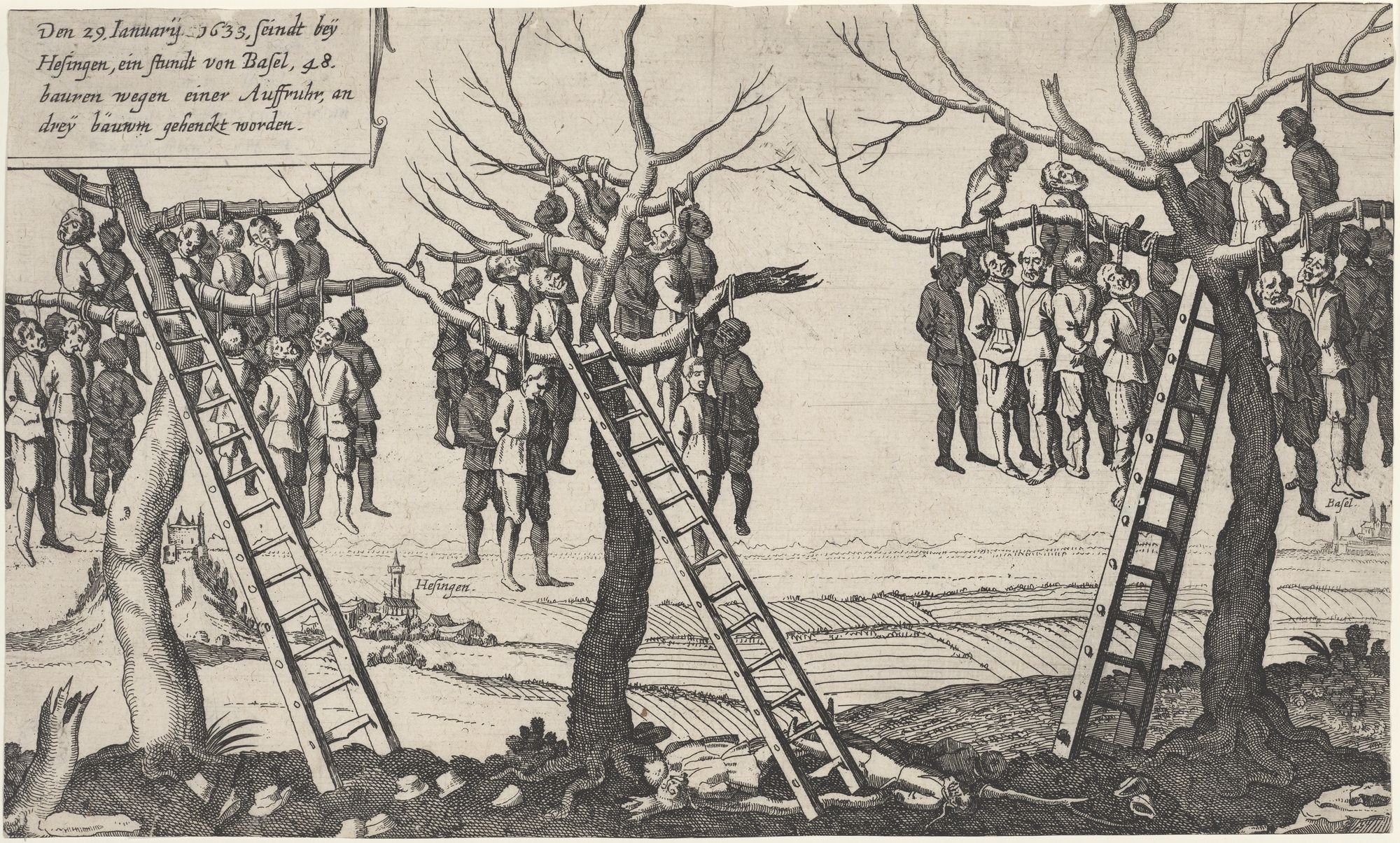 Dem 29. January 1633, seindt bey/ Hesingen, ein stundt von Basel, 48./ bauren wegen einer Auffruhr, an/ drey bäum gehenckt worden. (Kulturstiftung Sachsen-Anhalt Public Domain Mark)