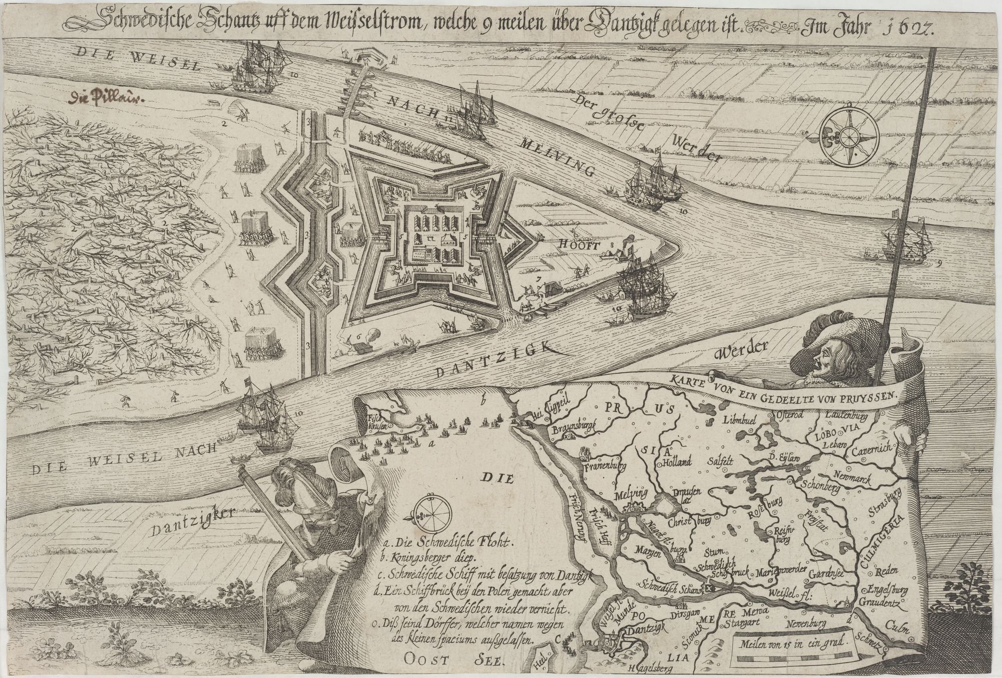 Schwedische Schantz uff dem Weißselstrom, welche 9 meilen über Dantzigk gelegen ist. Im Jahr 1627. (Kulturstiftung Sachsen-Anhalt Public Domain Mark)