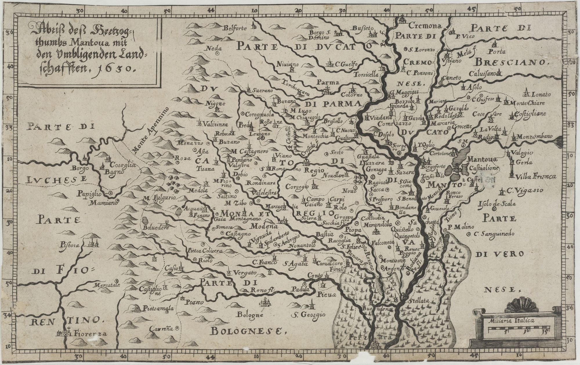 Abriß deß Hertzog=/ thumbs Mantoua mit/ den umbligenden Land=/ schafften. 1630. (Kulturstiftung Sachsen-Anhalt Public Domain Mark)