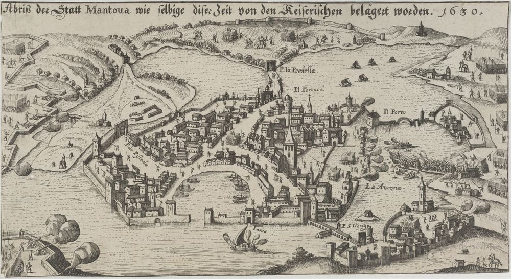 Abriß der Statt Mantoua wie selbige diser Zeit von den Keiserischen belägert worden. 1630. (Kulturstiftung Sachsen-Anhalt Public Domain Mark)