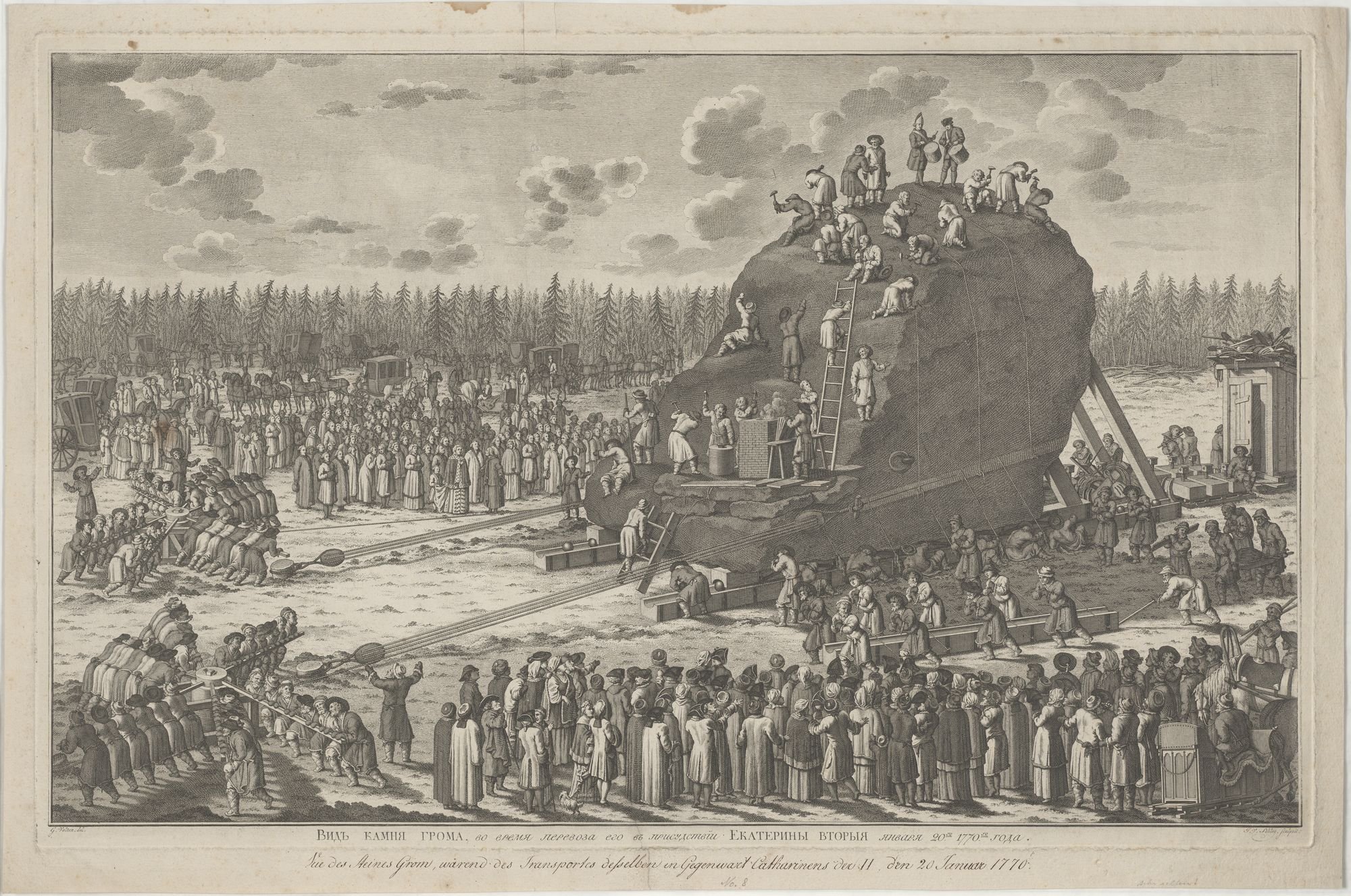 Vue des Steines Grom, wärend des Transportes desselben in Gegenwart Catharinens der II., den Januar 1770. (Kulturstiftung Sachsen-Anhalt Public Domain Mark)