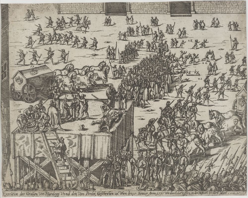Execution des Graven Von Hardegg Unnd den Von Perlin, Geschehen in Wien den 15. Iunius Anno 1595. Wie durch die Ziffern in der Histori erklert Wirt. (Kulturstiftung Sachsen-Anhalt Public Domain Mark)