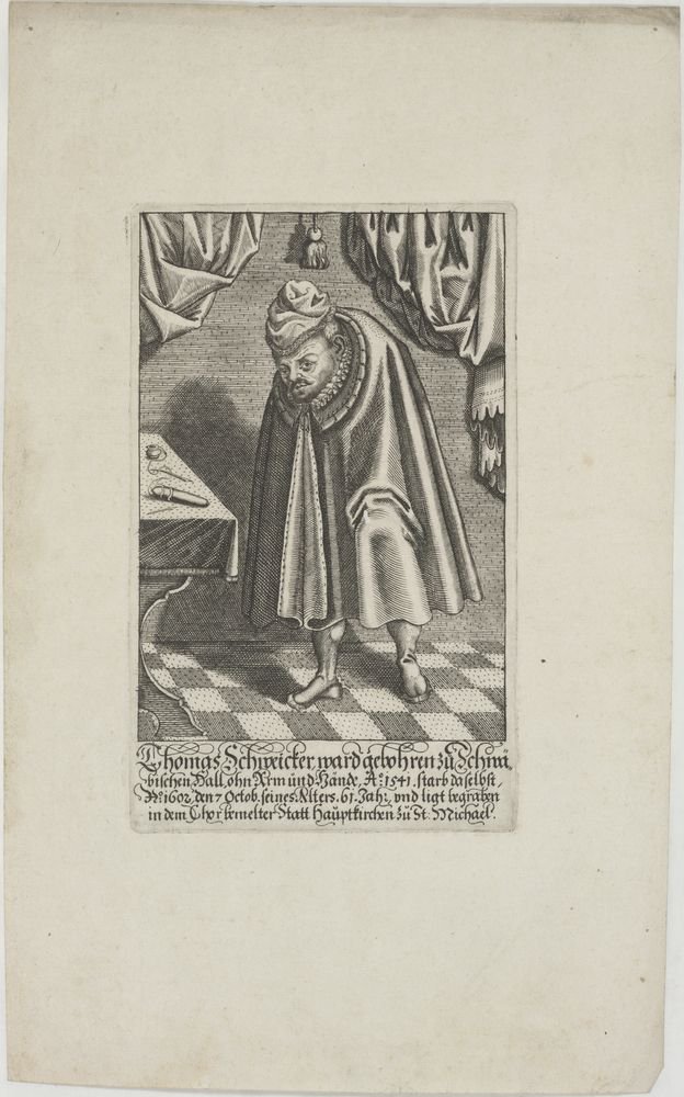 Thomas Schweicker ward gebohren zu Schwä=/ bischen Hall, ohn Arm und Hände, Ao: 1541, starb daselbst,/ Ao: 1602, den 7. Octob. seines Alters. 61. Jahr (Kulturstiftung Sachsen-Anhalt Public Domain Mark)