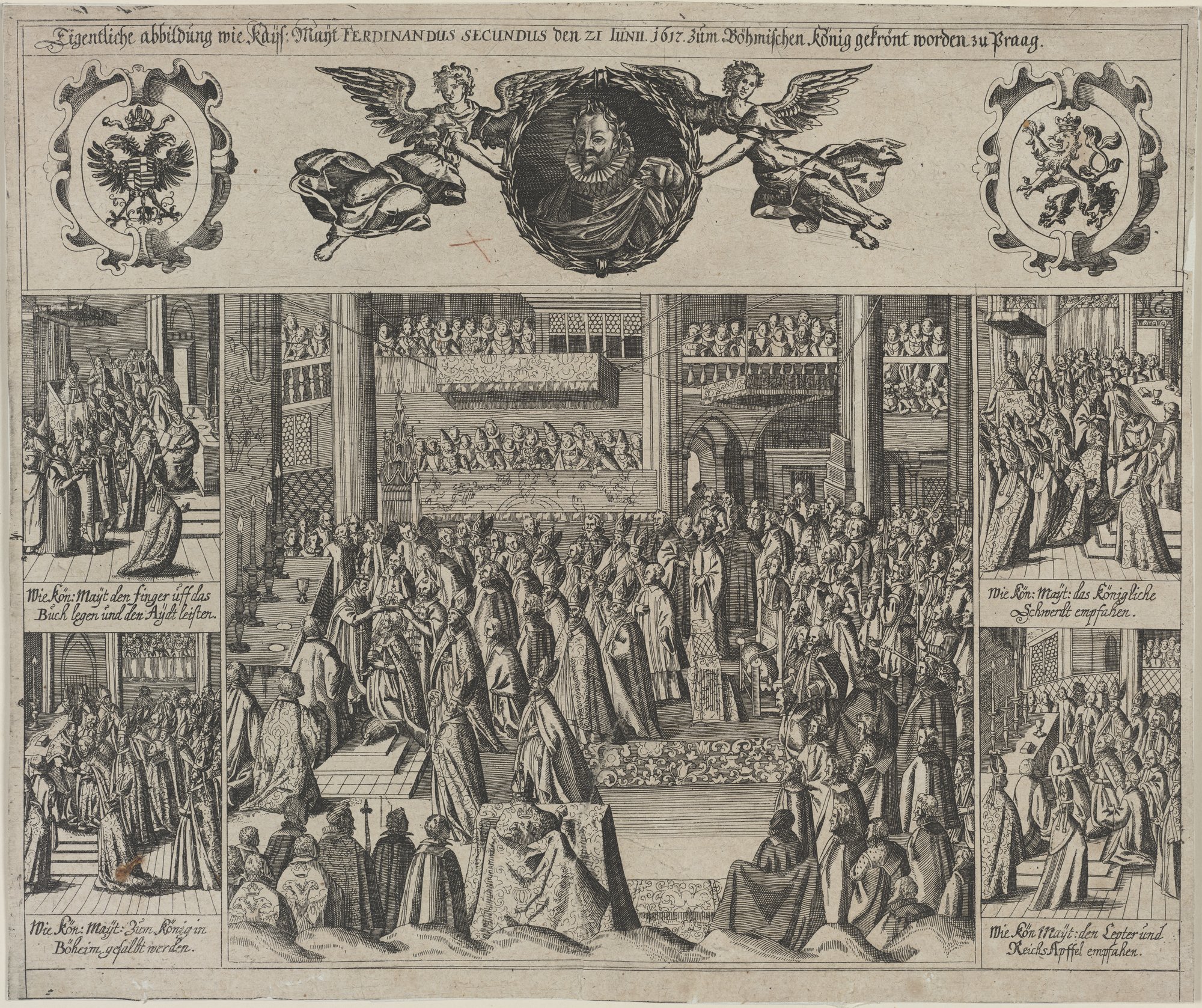 Eigentliche abbildung wie Kays: Mayt. FERDINANDUS SECUNDUS den 21 IUNII. 1617. zum Böhmischen König gekrönt zu Praag. (Kulturstiftung Sachsen-Anhalt Public Domain Mark)