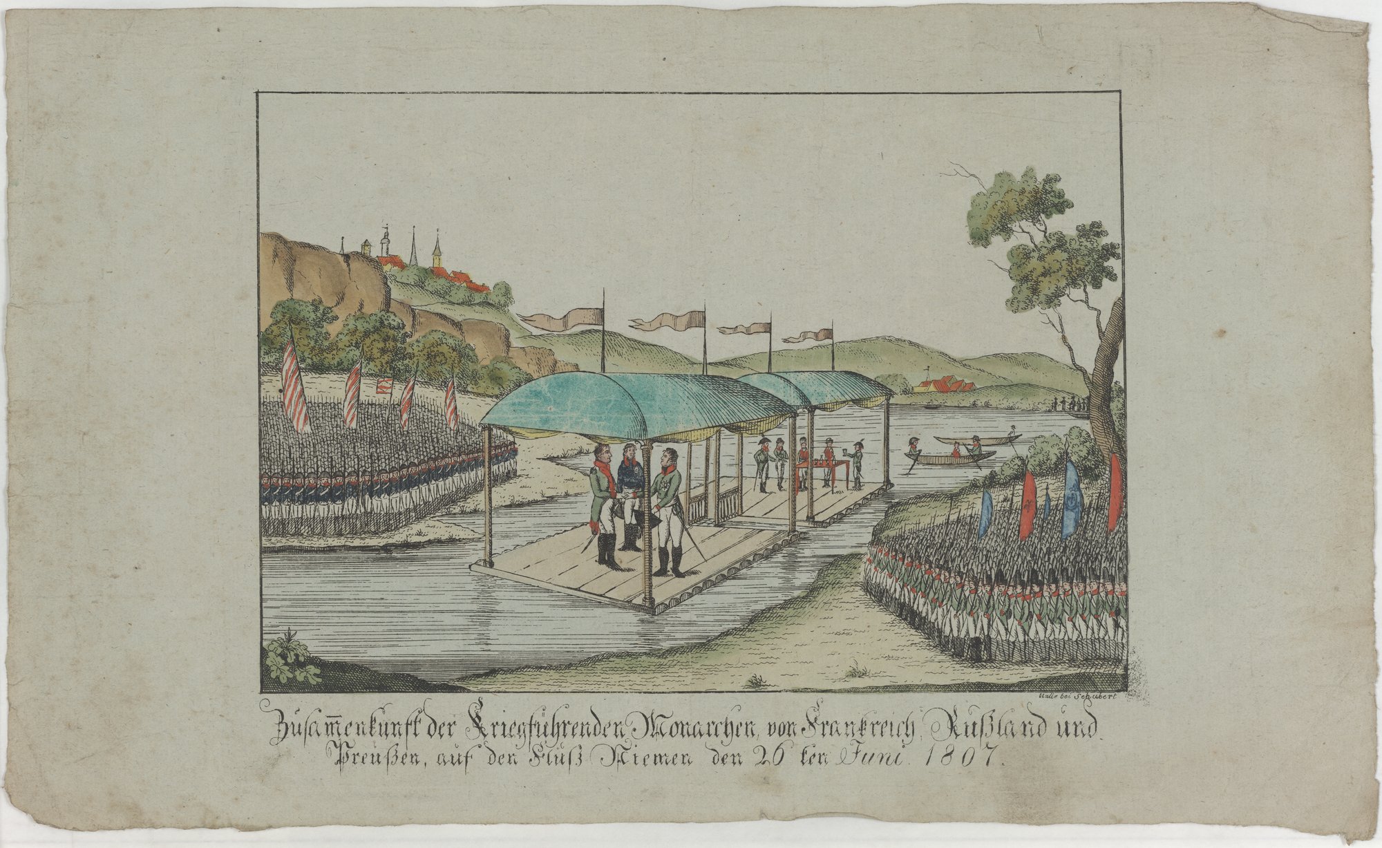 Zusamenkunft der Kriegsführenden Monarchen von Frankreich, Rußland und/ Preußen, auf den Fluß Niemen den 26 ten Juni 1807. (Kulturstiftung Sachsen-Anhalt Public Domain Mark)