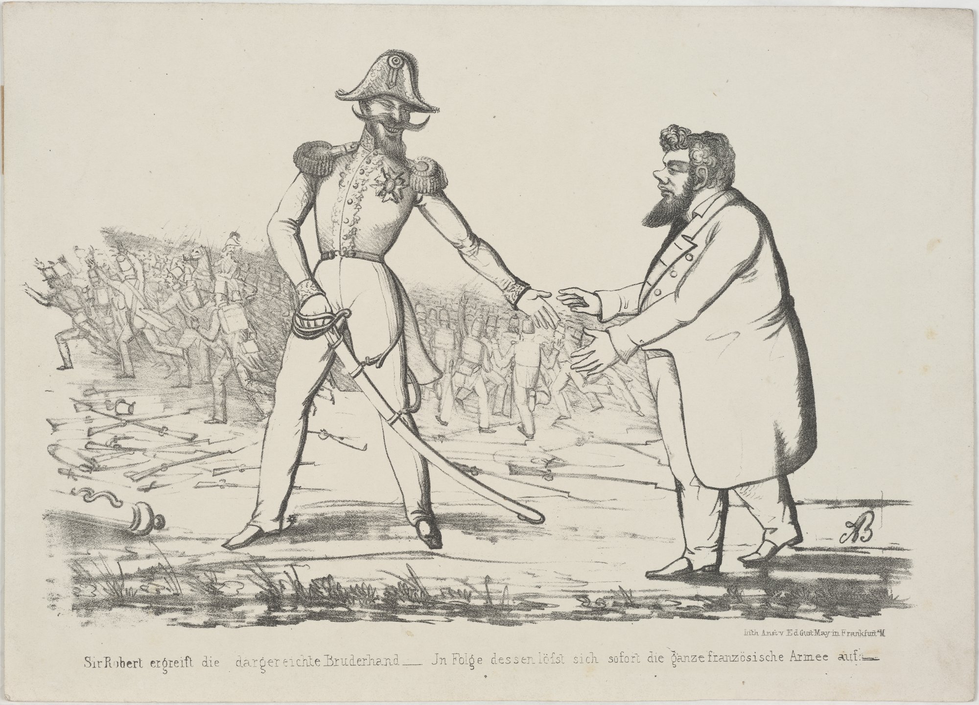 Sir Robert ergreift die dargereichte Bruderhand - In Folge dessen löst sich sofort die ganze französische Armee auf. (Kulturstiftung Sachsen-Anhalt Public Domain Mark)