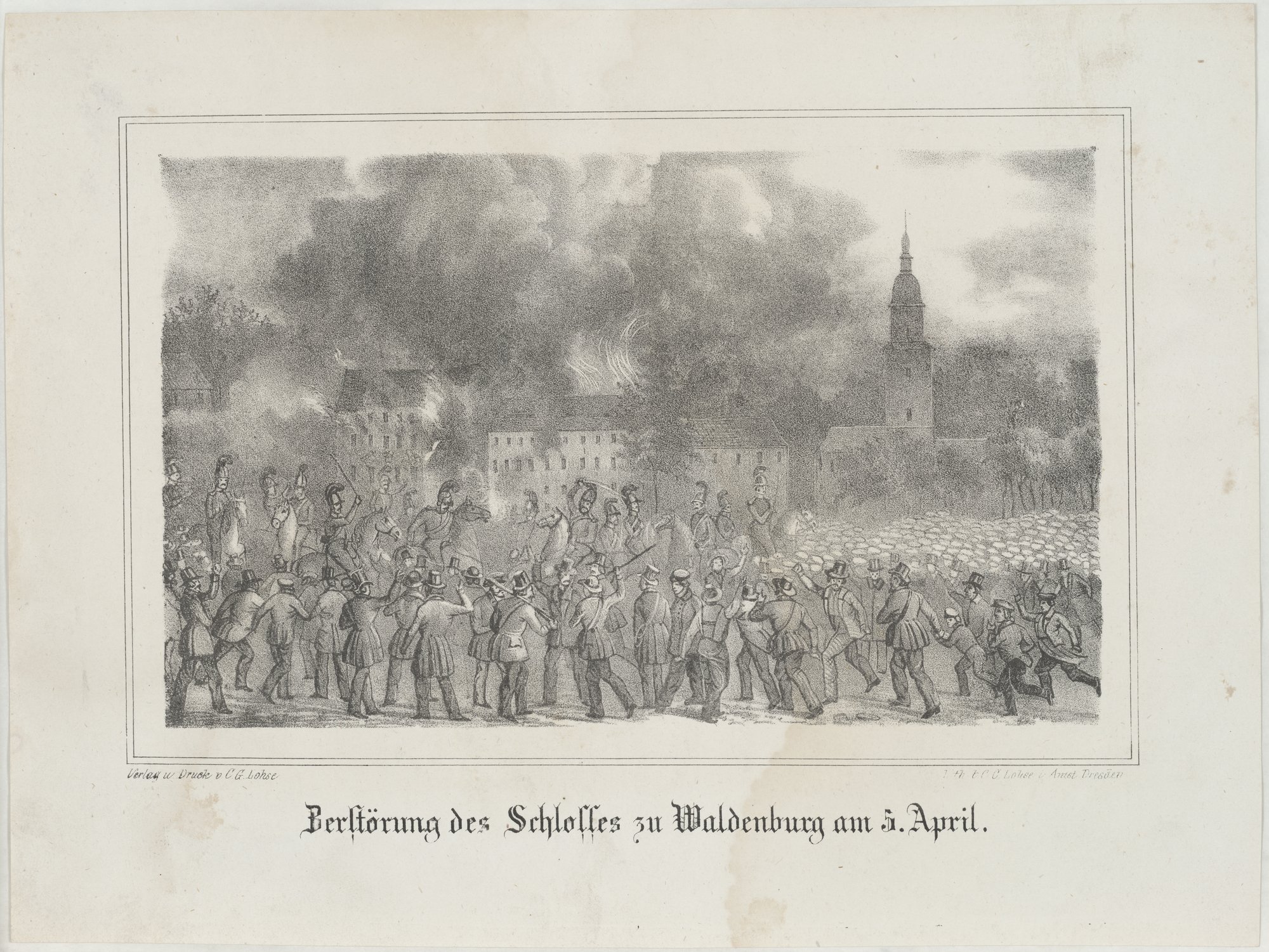 Zerstörung des Schlosses zu Waldenburg am 5. April. (Kulturstiftung Sachsen-Anhalt Public Domain Mark)