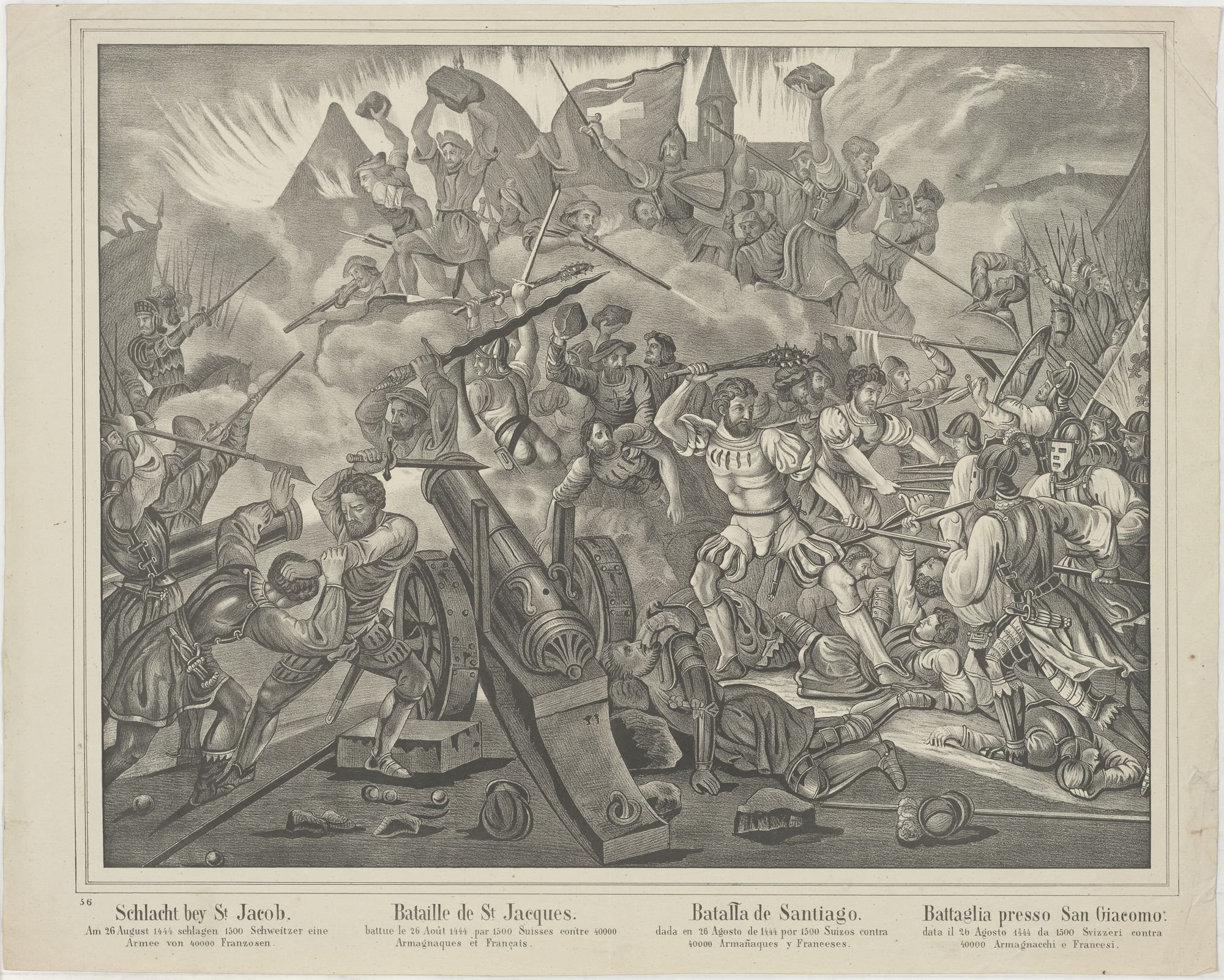 Schlacht bey St Jacob./ Am 26 August 1444 schlagen 1500 Schweitzer eine/ Armee von 40000 Franzosen. (Kulturstiftung Sachsen-Anhalt Public Domain Mark)