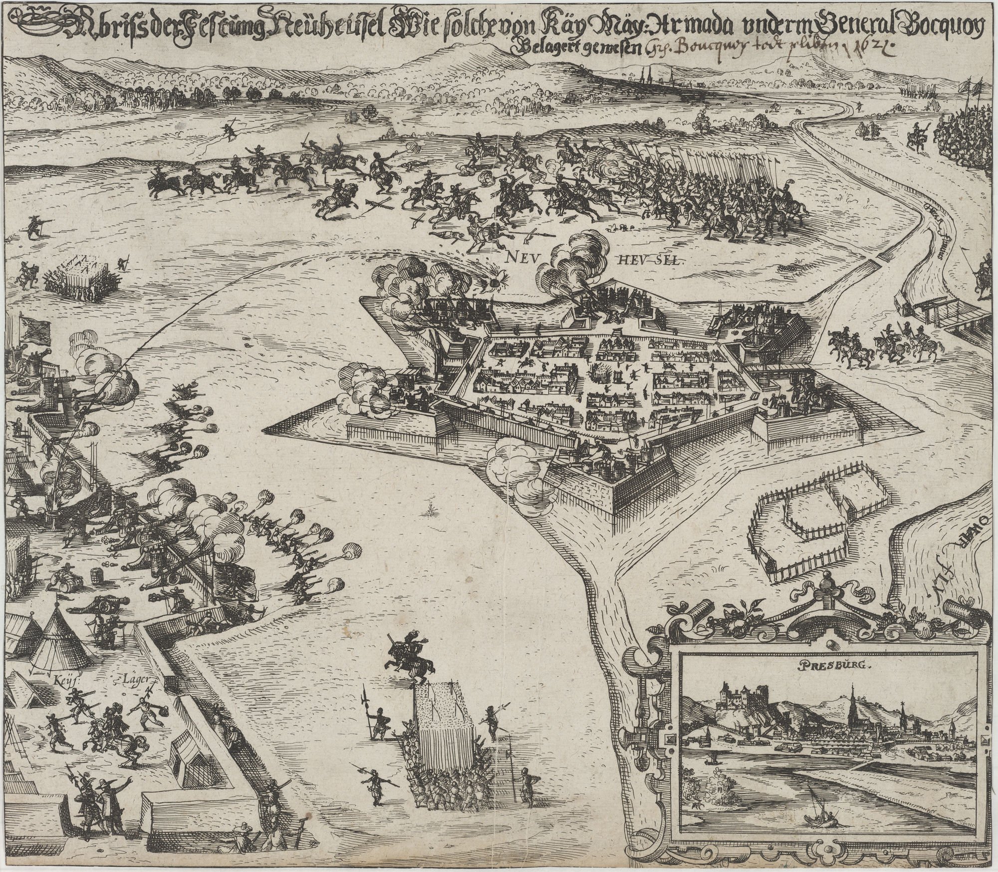 Abriss der Festung Neüheusel Wie solche von Käy Mäy: Armada underm General Bocquoy/ Belagert gewesen (Kulturstiftung Sachsen-Anhalt Public Domain Mark)