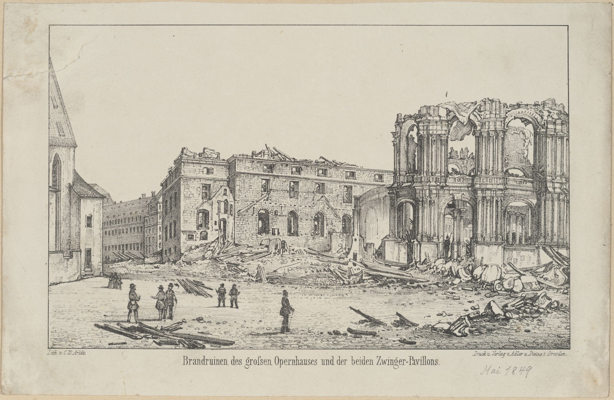 Brandruinen des grossen Opernhauses und der beiden Zwinger=Pavillons. (Kulturstiftung Sachsen-Anhalt Public Domain Mark)