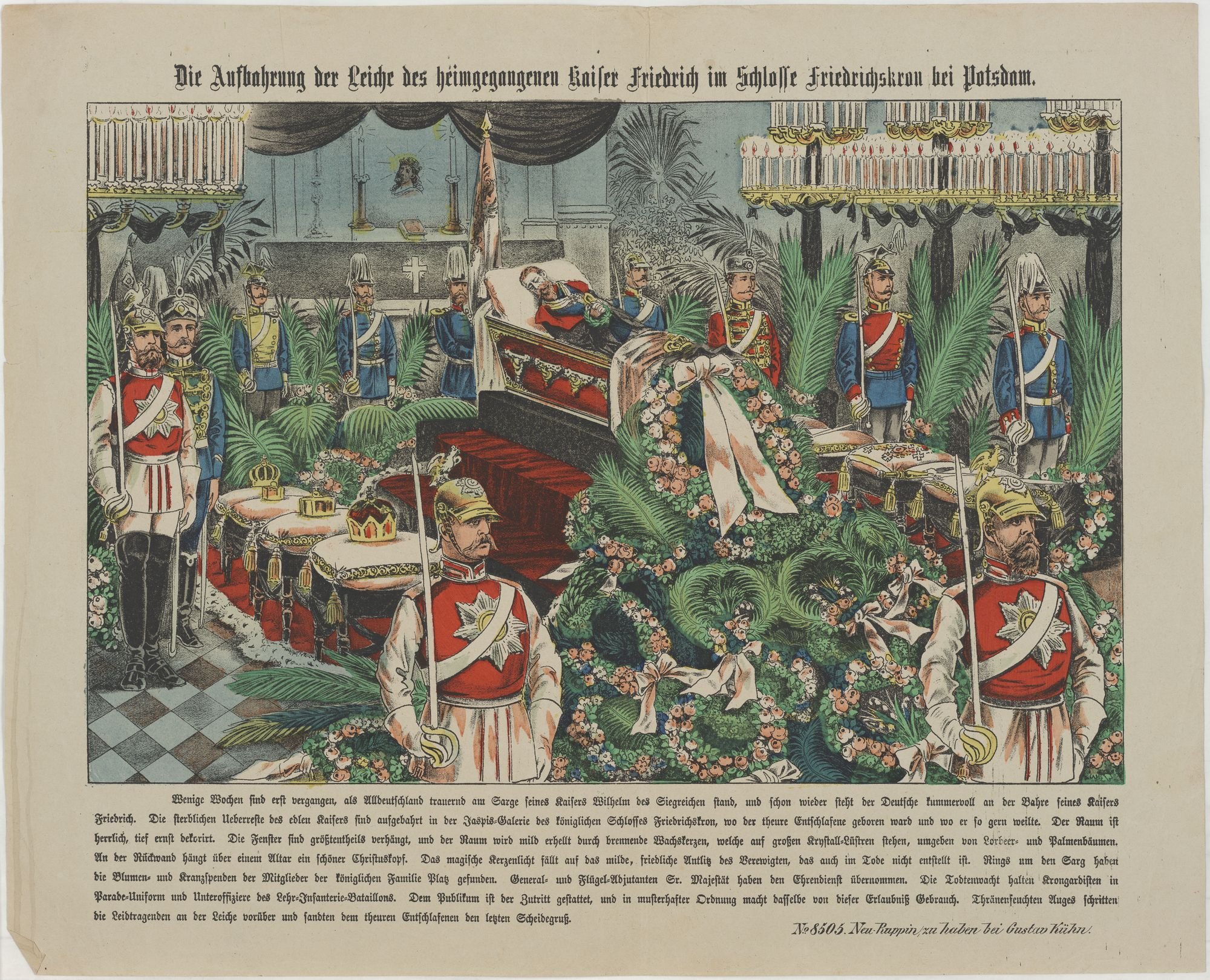 Die Aufbahrung der Leiche des heimgegangenen Kaiser Friedrich im Schlosse Friedrichskron bei Potsdam. (Kulturstiftung Sachsen-Anhalt Public Domain Mark)