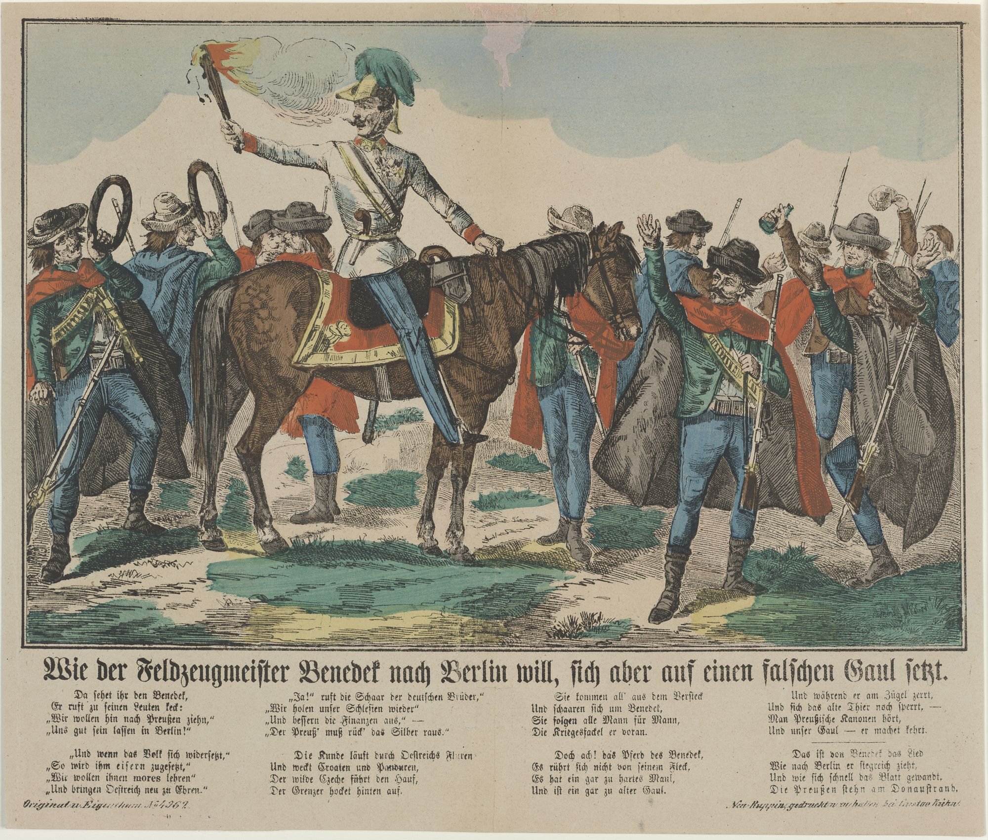 Wie der Feldzeugmeister Benedek nach Berlin will, sich aber auf einen falschen Gaul setzt. (Kulturstiftung Sachsen-Anhalt Public Domain Mark)