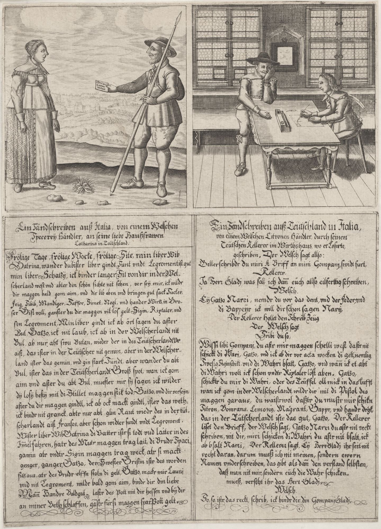 Ein Sändschreiben aus Italia, von einem Welschen/ Specerey Händler, an seine liebe Haußfrauen/ Catharina in Teutschland. (Kulturstiftung Sachsen-Anhalt Public Domain Mark)