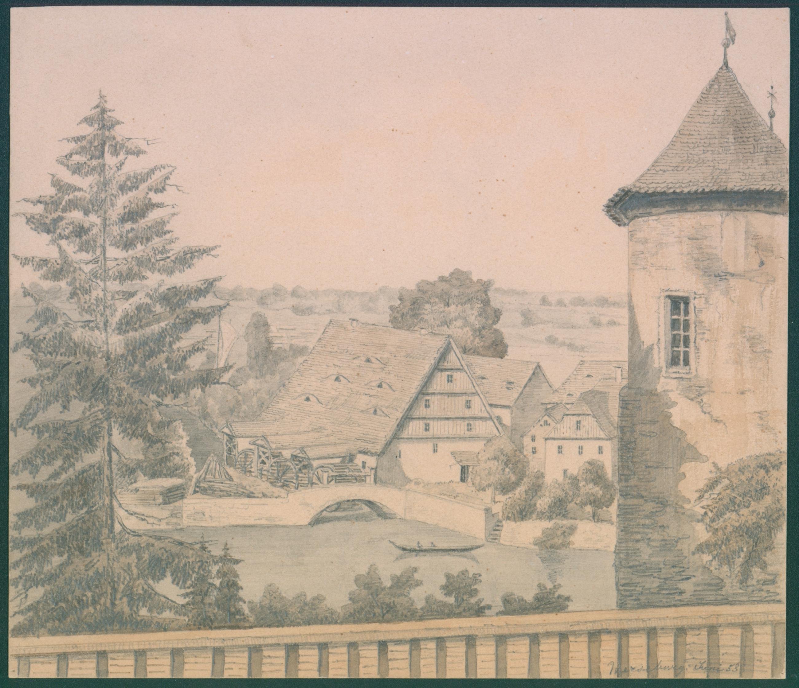Bleistiftzeichnung - Merseburg, Blick von der Schlossgartenbrücke (Kulturhistorisches Museum Schloss Merseburg CC BY-NC-SA)
