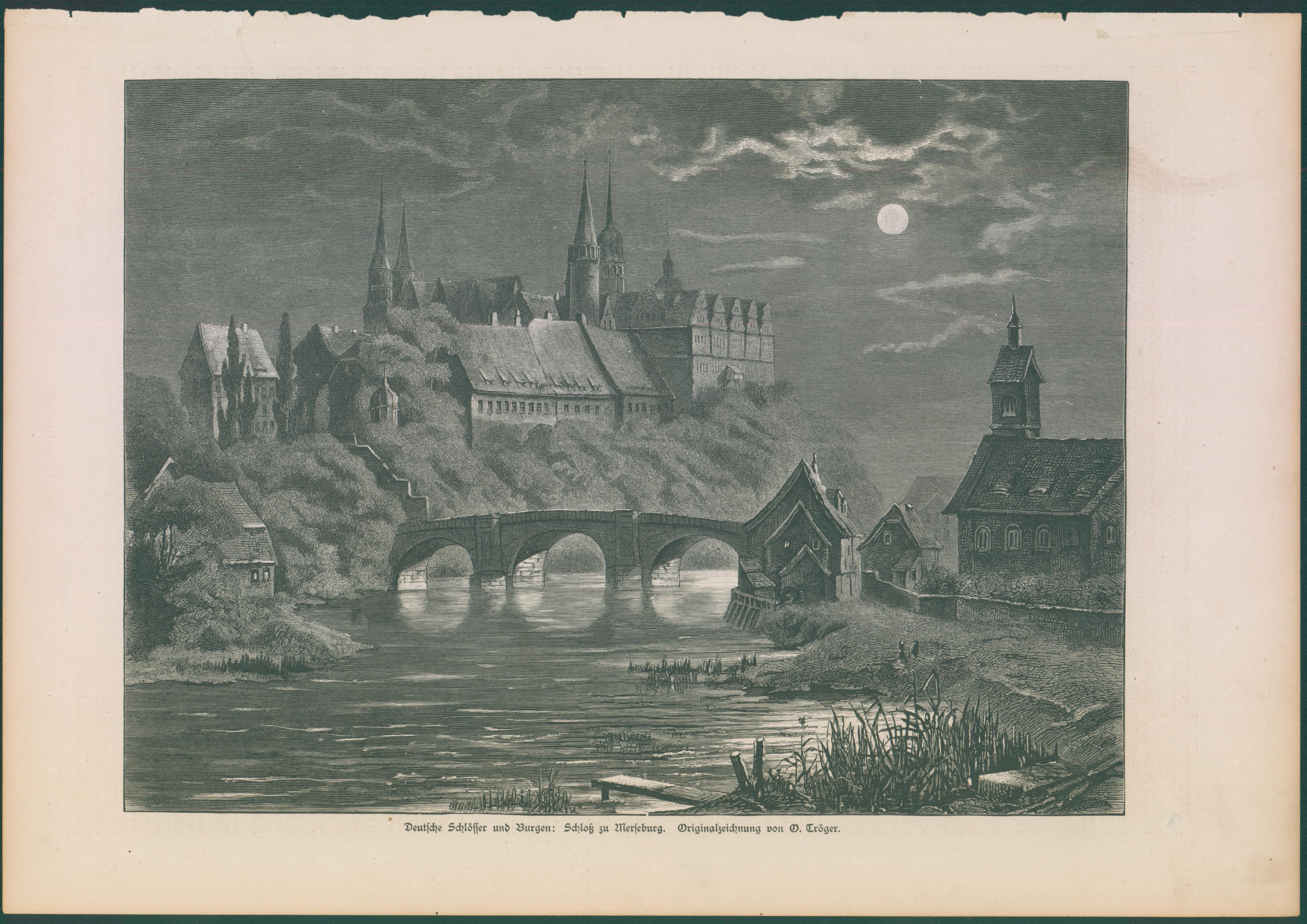 Lithographie - Merseburg, Ansicht Dom- und Schlossensemble mit Neumarktbrücke (Kulturhistorisches Museum Schloss Merseburg CC BY-NC-SA)