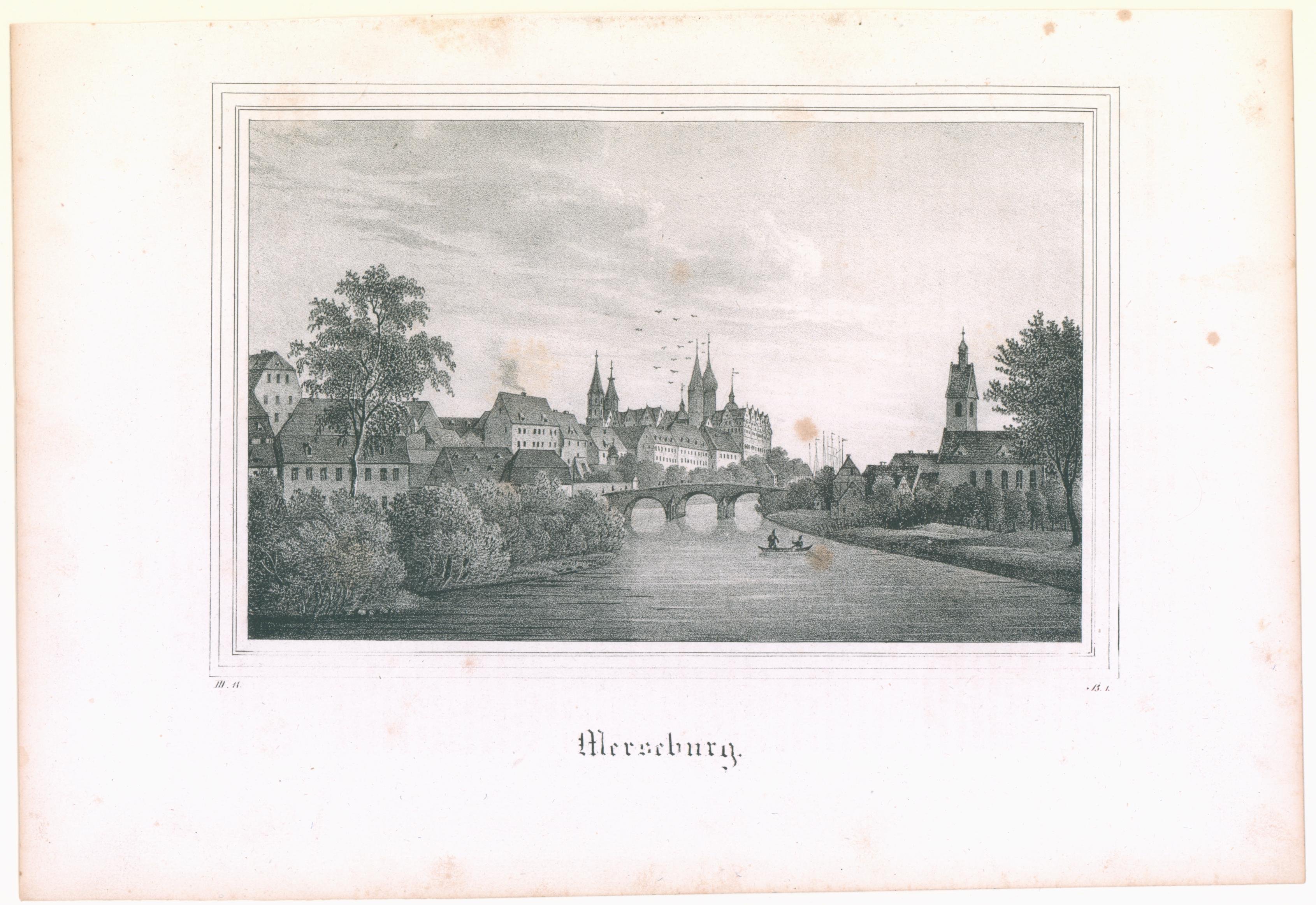 Lithographie - Merseburg, Ansicht von Dom- und Schlossensemble mit Neumarktkirche (Kulturhistorisches Museum Schloss Merseburg CC BY-NC-SA)