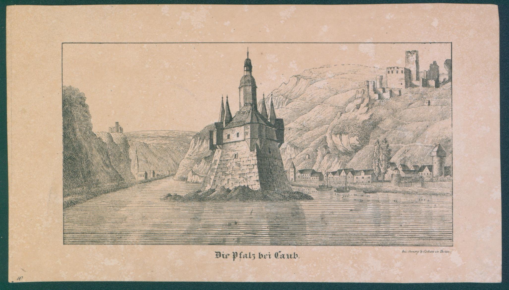 Lithografie - Kaub, Stadtansicht mit Burg Pfalzgrafenstein (Kulturhistorisches Museum Schloss Merseburg CC BY-NC-SA)