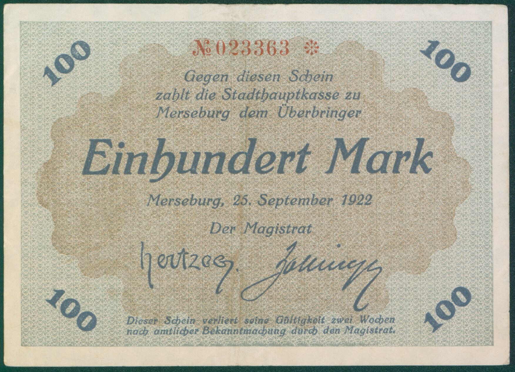 Notgeldschein der Stadt Merseburg "Einhundert Mark", No. 023363 (Kulturhistorisches Museum Schloss Merseburg CC BY-NC-SA)