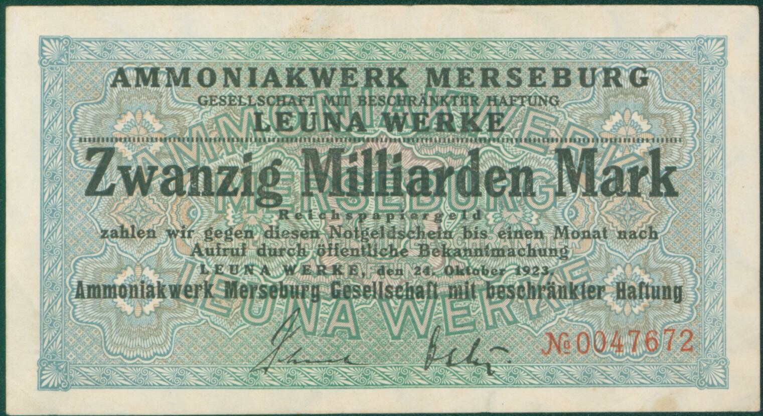 Notgeldschein Ammoniakwerk Merseburg "Zwanzig Milliarden Mark", No. 0047672 (Kulturhistorisches Museum Schloss Merseburg CC BY-NC-SA)