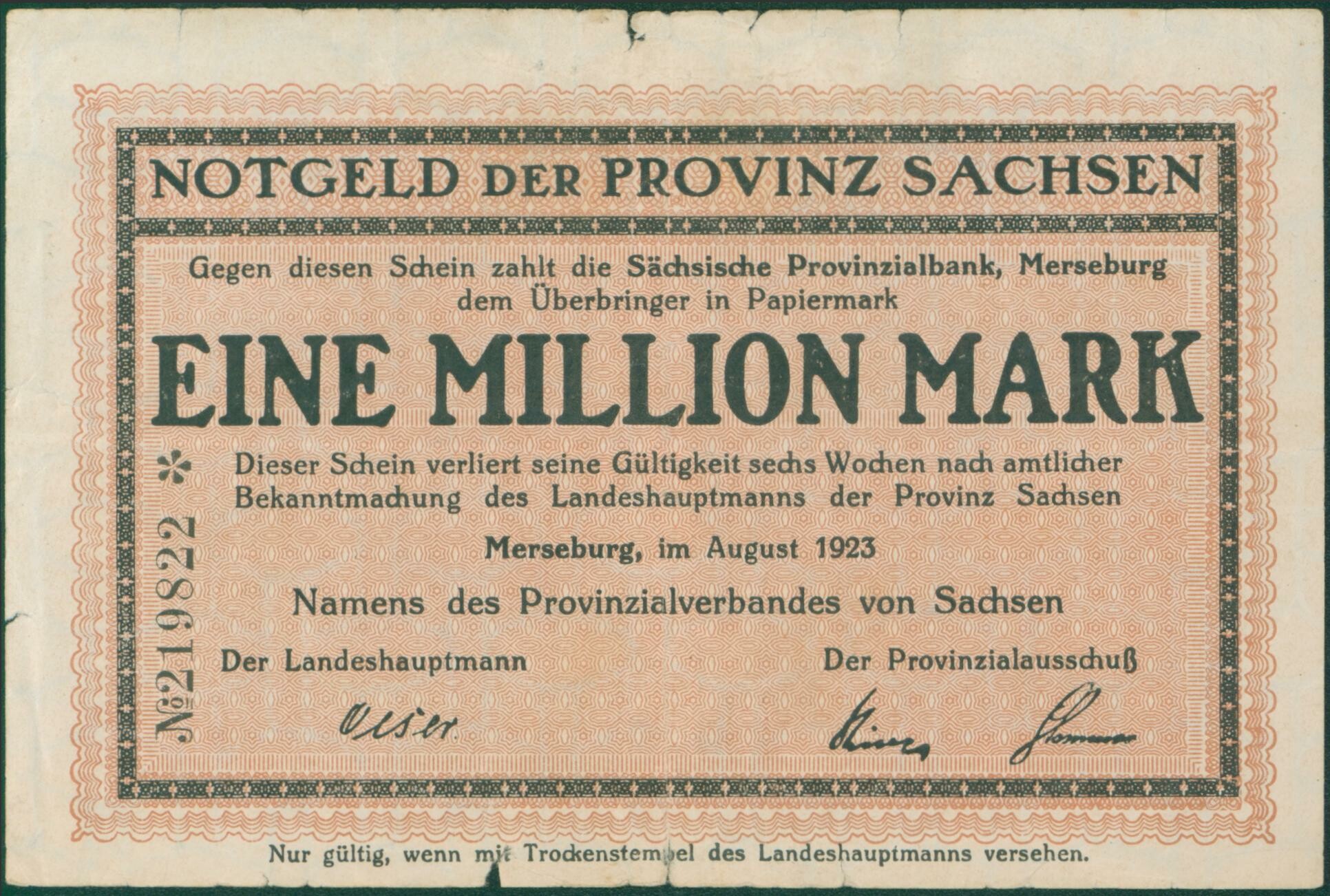 Notgeldschein der Provinz Sachsen "Eine Millionen Mark", No. 219822 (Kulturhistorisches Museum Schloss Merseburg CC BY-NC-SA)