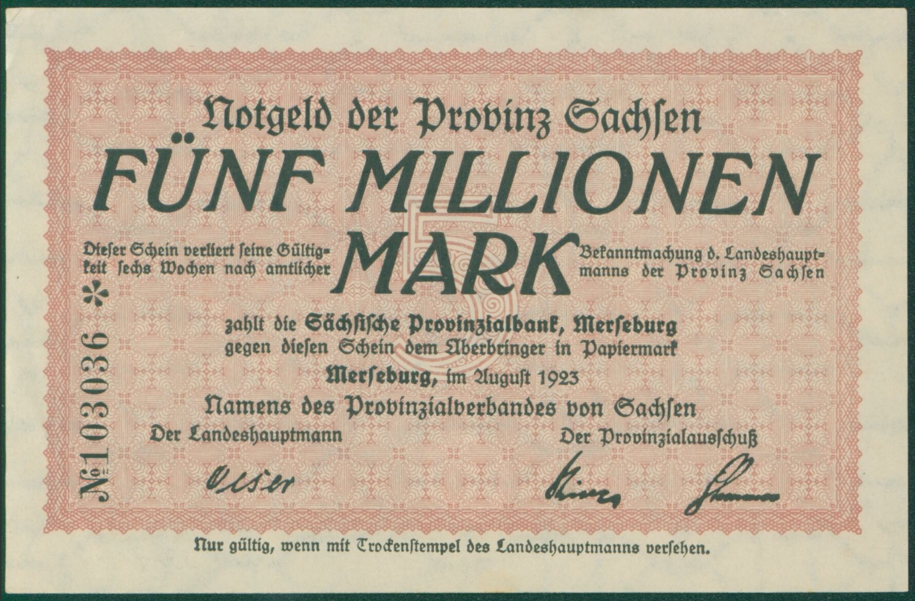 Notgeldschein der Provinz Sachsen "Fünf Millionen Mark", No. 03036 (Kulturhistorisches Museum Schloss Merseburg CC BY-NC-SA)