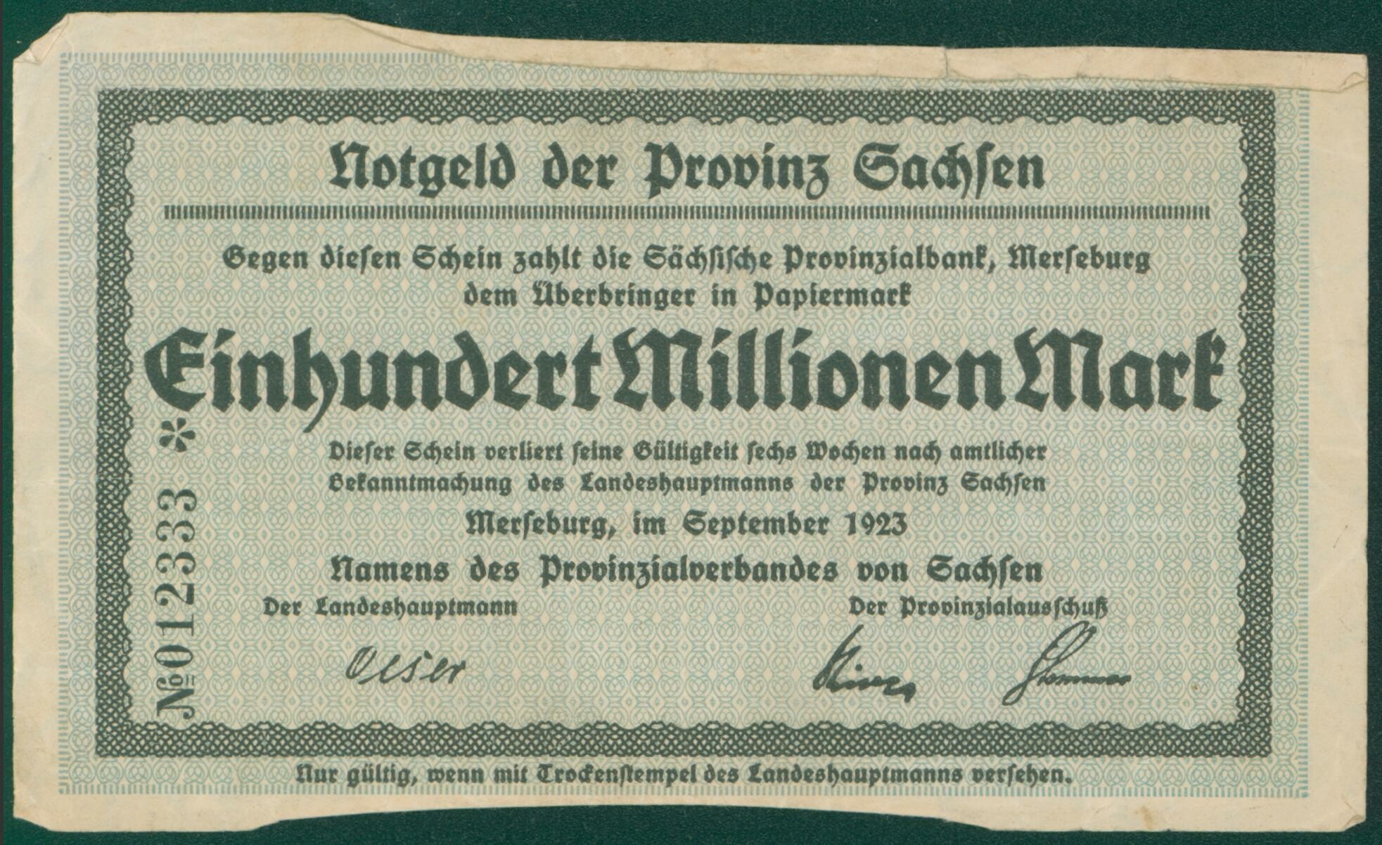 Notgeldschein der Provinz Sachsen "Einhundert Millionen Mark", No. 012333 (Kulturhistorisches Museum Schloss Merseburg CC BY-NC-SA)