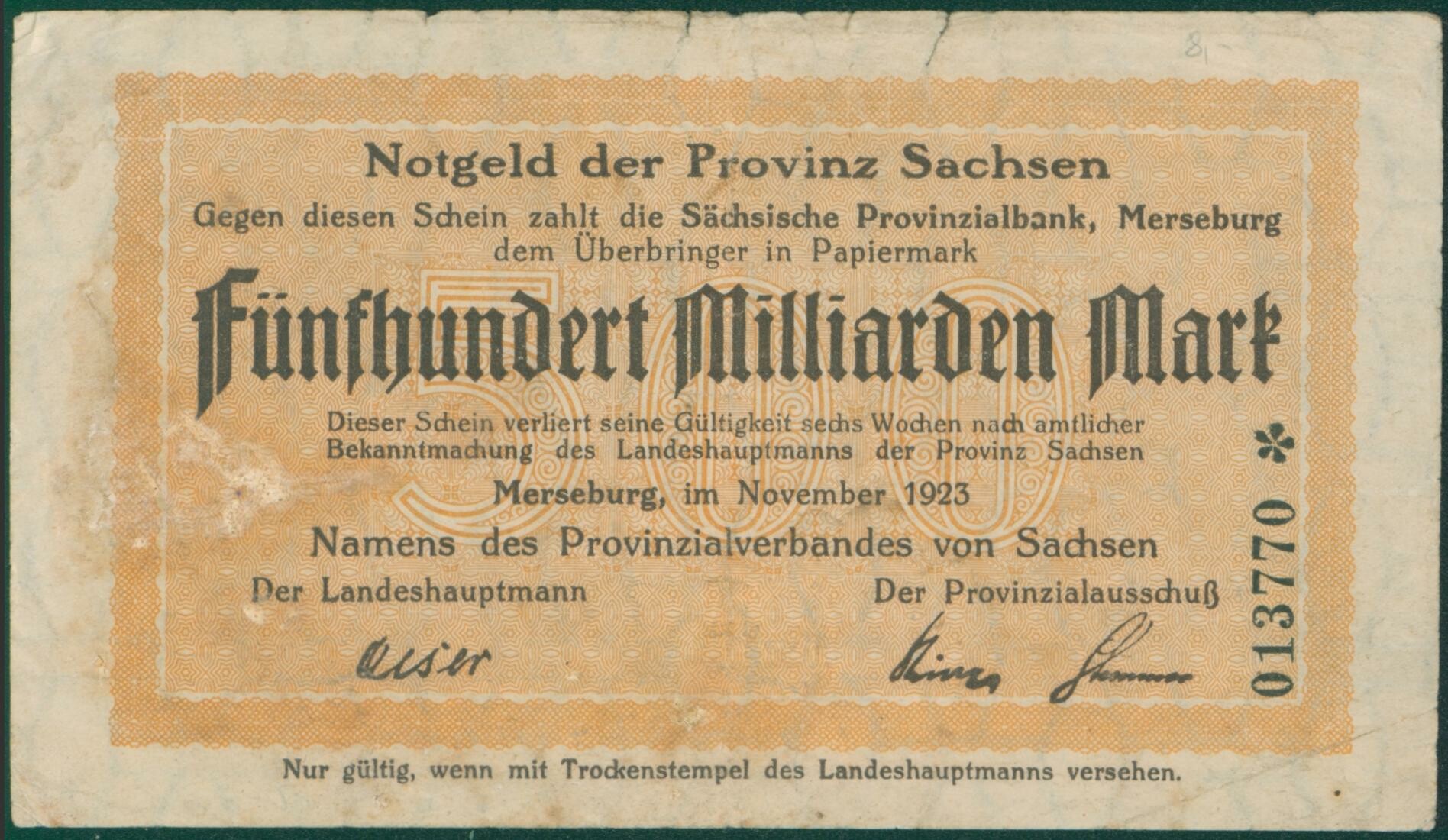 Notgeldschein der Provinz Sachsen "Fünfhundert Milliarden Mark", No. 013770 (Kulturhistorisches Museum Schloss Merseburg CC BY-NC-SA)