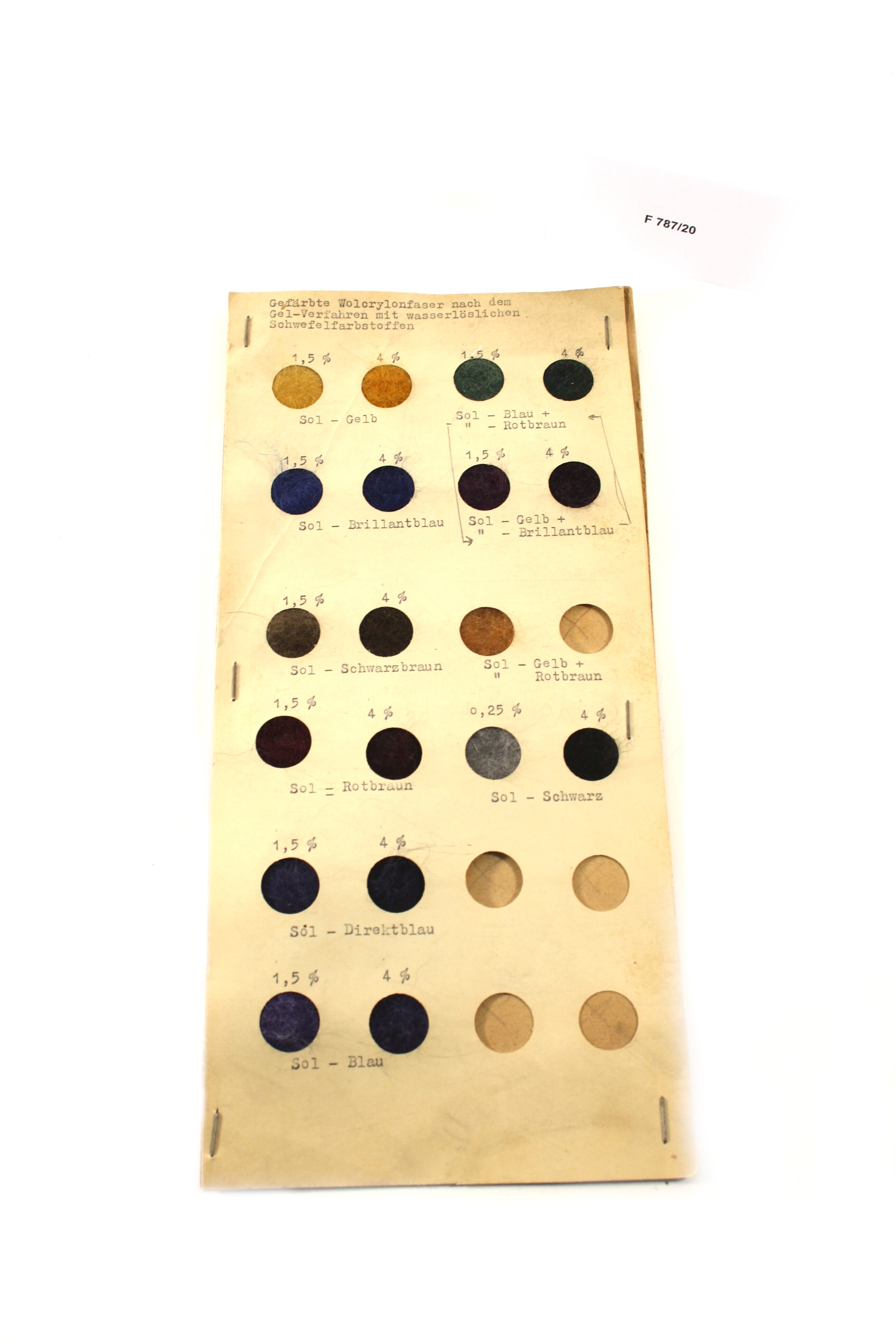 Musterkarte gefärbte Wolcrylonfaser (Industrie- und Filmmuseum Wolfen CC BY-NC-SA)
