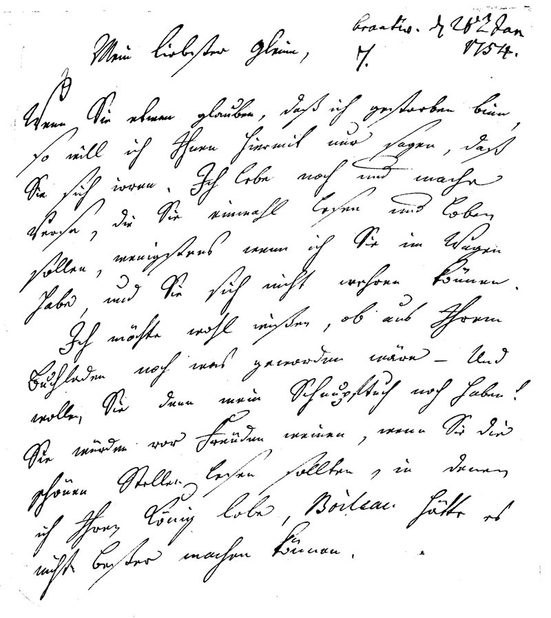 Brief J. F. W. Zachariaes an J.W.L. Gleim vom 22. Januar 1754 (Gleimhaus Halberstadt CC BY-NC-SA)