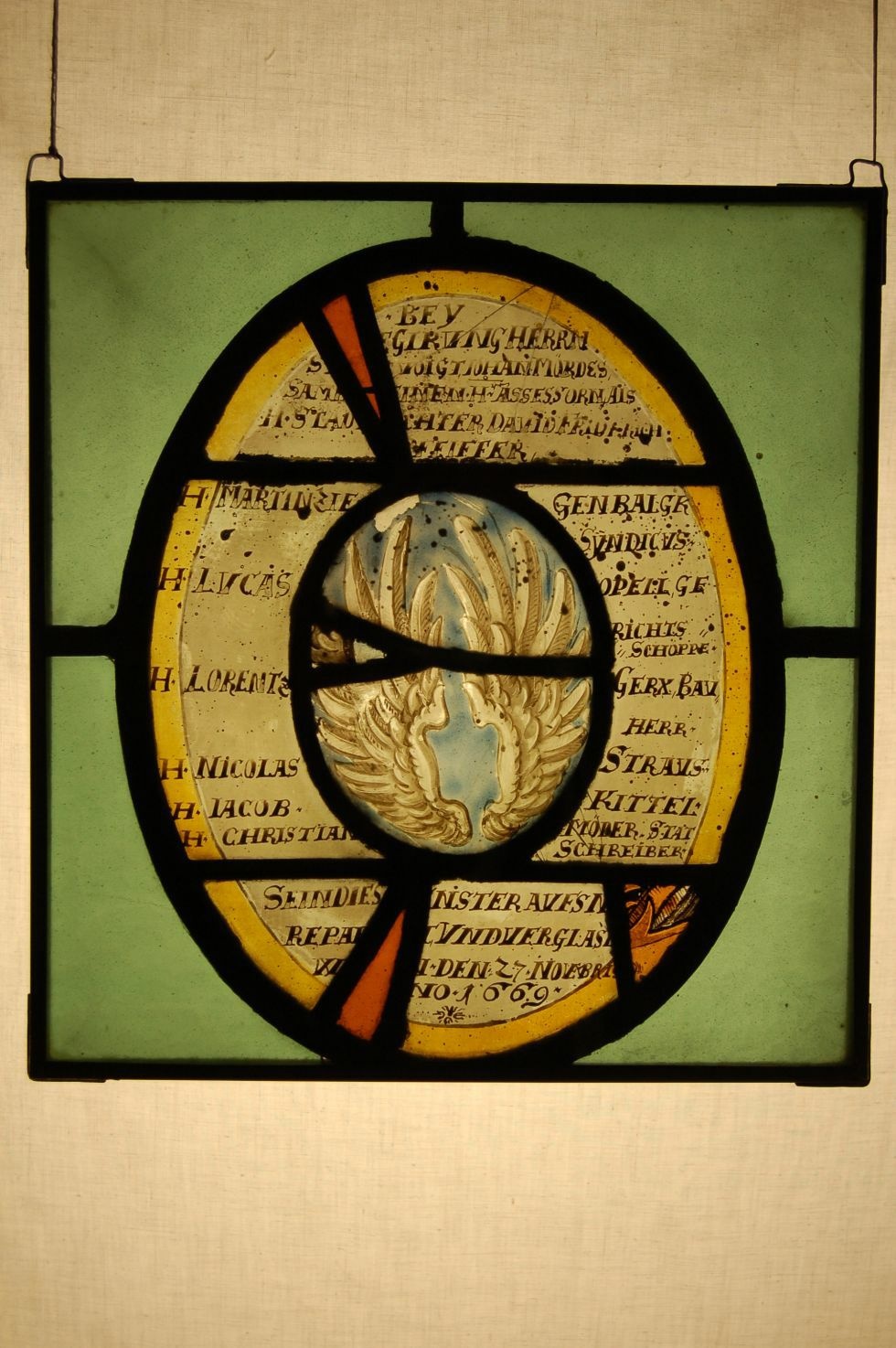 Bleiglasfenster, Wappen der Stadt Eisleben und Persönlichkeiten (Regionalgeschichtliche Sammlungen der Lutherstadt Eisleben CC BY-NC-SA)