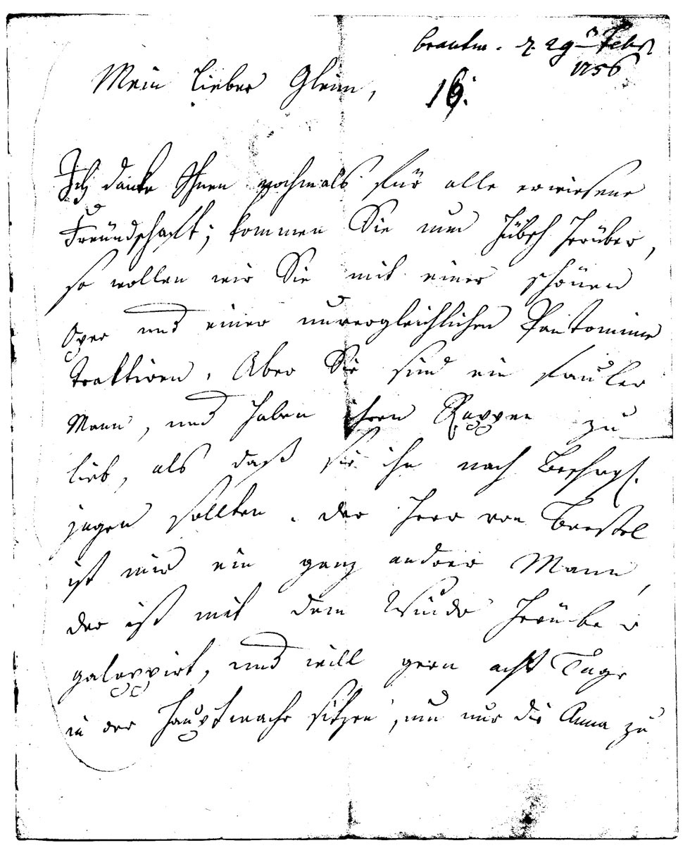 Brief J. F. W. Zachariaes an J.W.L. Gleim vom 14. Februar 1756 (Gleimhaus Halberstadt CC BY-NC-SA)