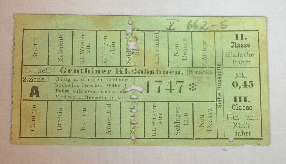 Fahrkarte der Genthiner Kleinbahnen von 1901 (Kreismuseum Jerichower Land, Genthin CC BY-NC-SA)
