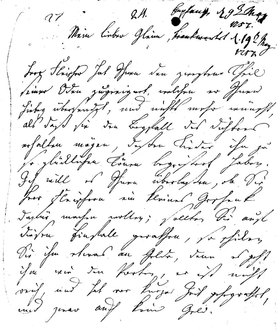 Brief J. F. W. Zachariaes an J.W.L. Gleim vom 28. April 1757 (Gleimhaus Halberstadt CC BY-NC-SA)