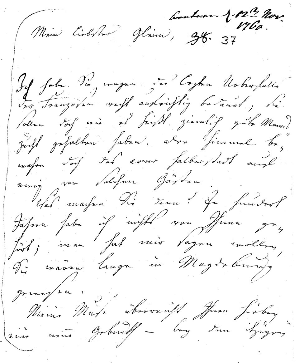 Brief J. F. W. Zachariaes an J.W.L. Gleim vom 2. November 1760 (Gleimhaus Halberstadt CC BY-NC-SA)