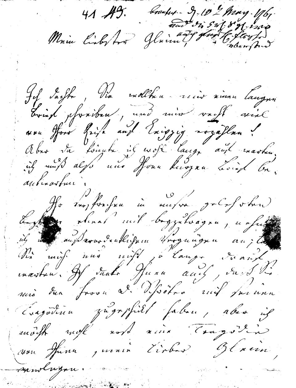 Brief J. F. W. Zachariaes an J.W.L. Gleim vom 2. März 1761 (Gleimhaus Halberstadt CC BY-NC-SA)