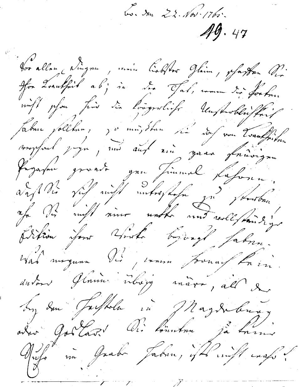 Brief J. F. W. Zachariaes an J.W.L. Gleim vom 22. November 1765 (Gleimhaus Halberstadt CC BY-NC-SA)