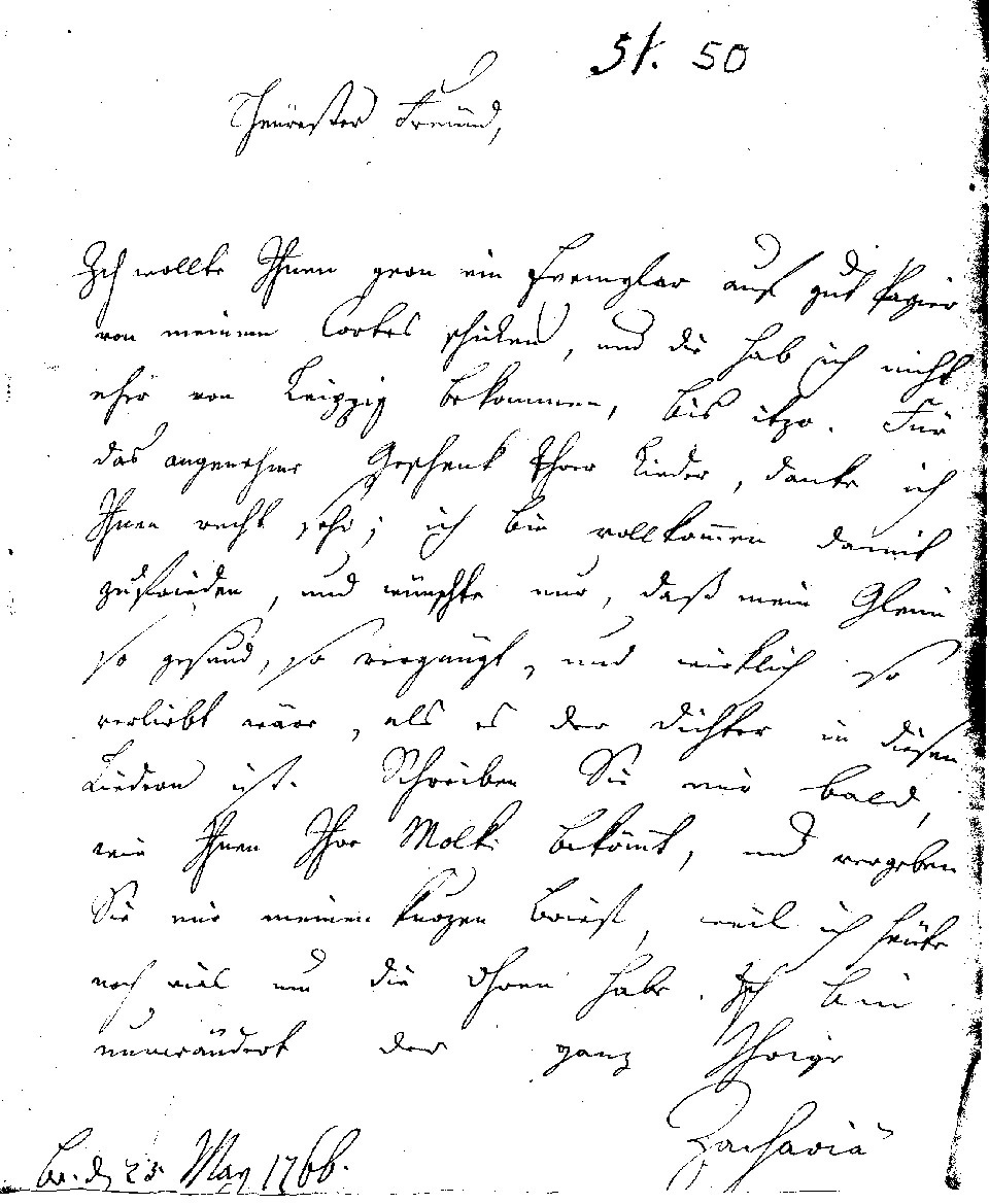 Brief J. F. W. Zachariaes an J.W.L. Gleim vom 23. Mai 1766 (Gleimhaus Halberstadt CC BY-NC-SA)