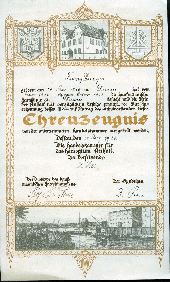 Ehrenzeugnis der Handelskammer für Franz Dreeger (Museum für Stadtgeschichte Dessau CC BY-NC-SA)