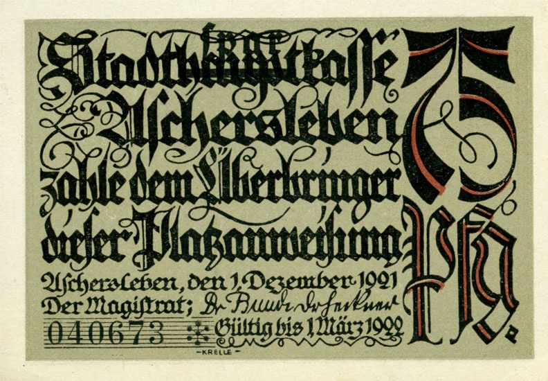 Serienschein 75 Pfennig (Aschersleben 1921) (Kulturstiftung Sachsen-Anhalt CC BY-NC-SA)