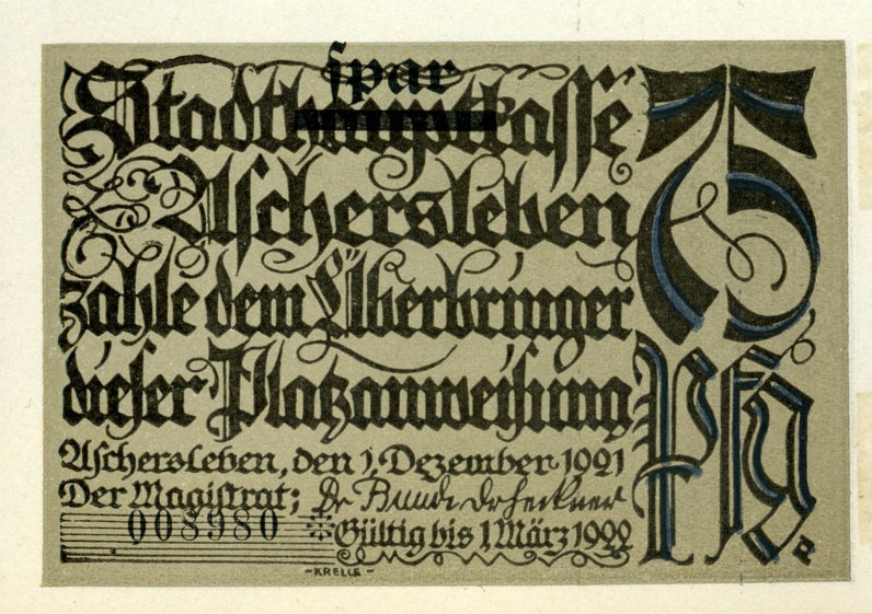 Serienschein 75 Pfennig (Aschersleben 1921) (Kulturstiftung Sachsen-Anhalt CC BY-NC-SA)